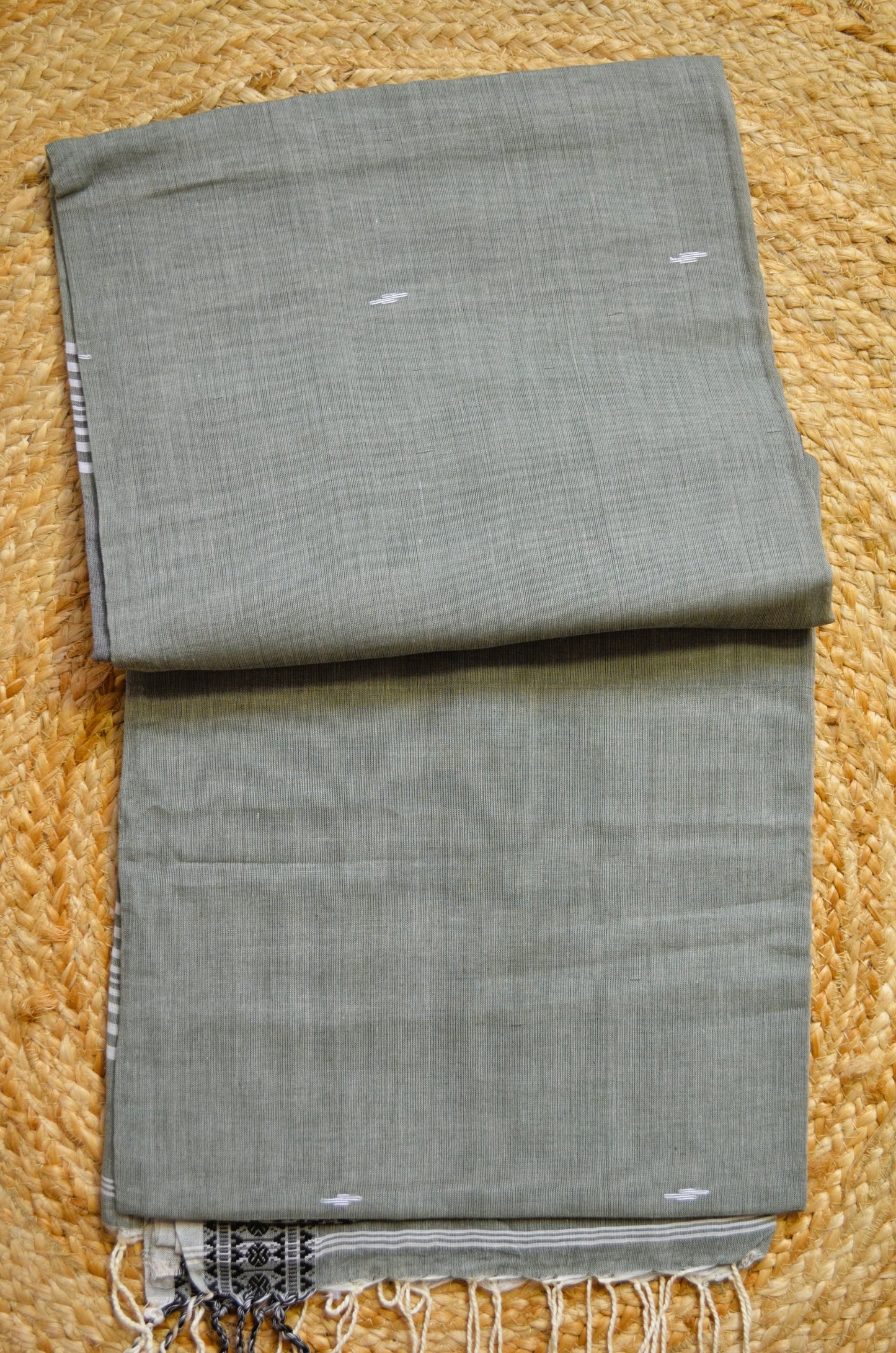 Olive Buttery Mul Cotton Bengal Muslin Handloom Saree