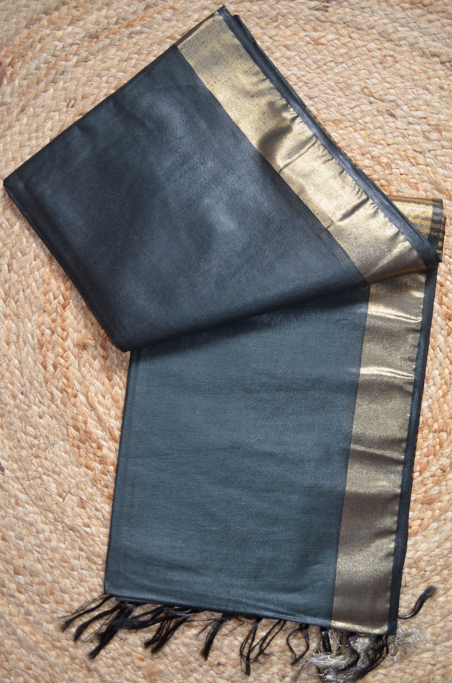 Black Vegan Tussar Silk Handloom Saree
