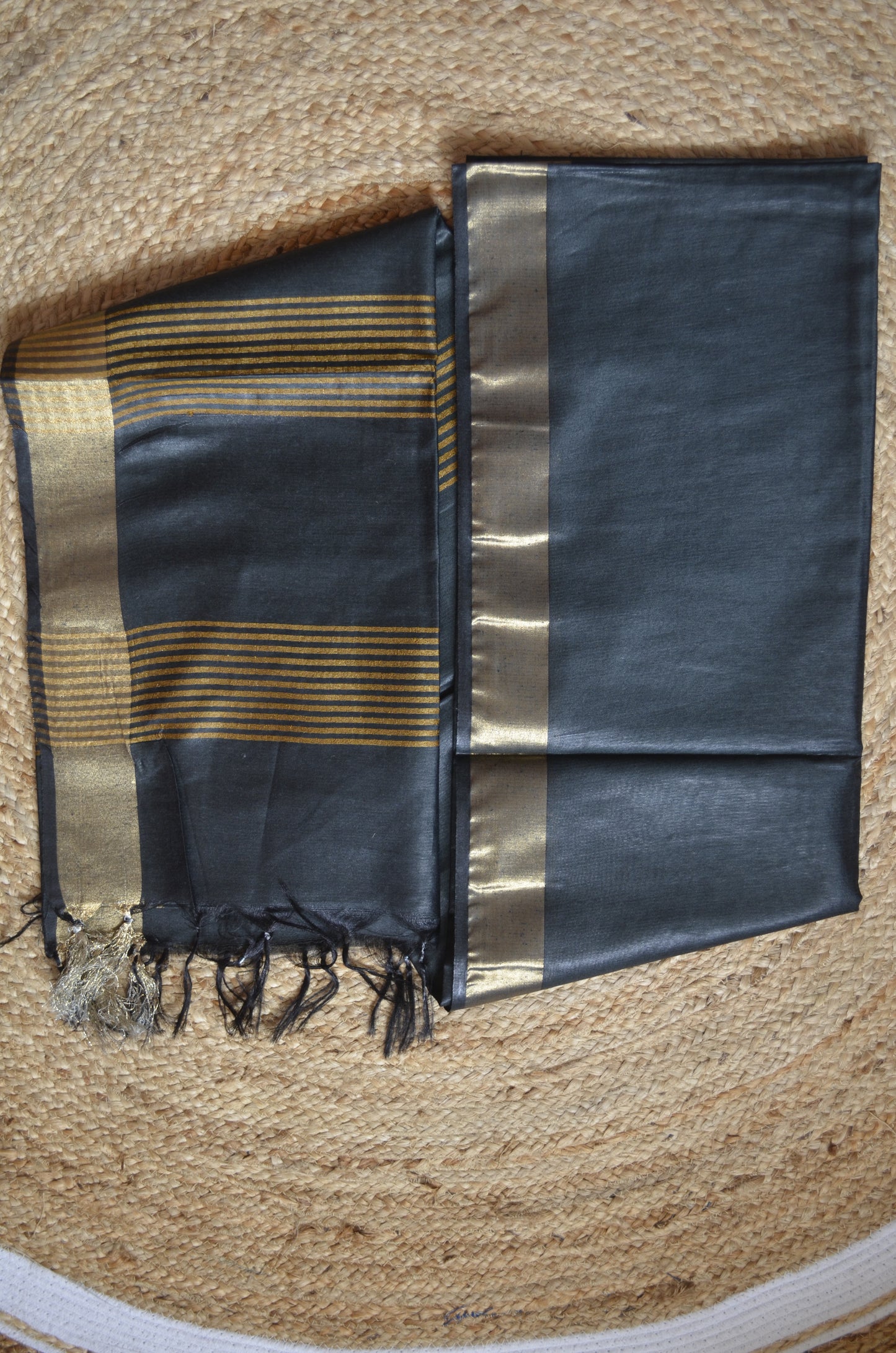 Black Vegan Tussar Silk Handloom Saree
