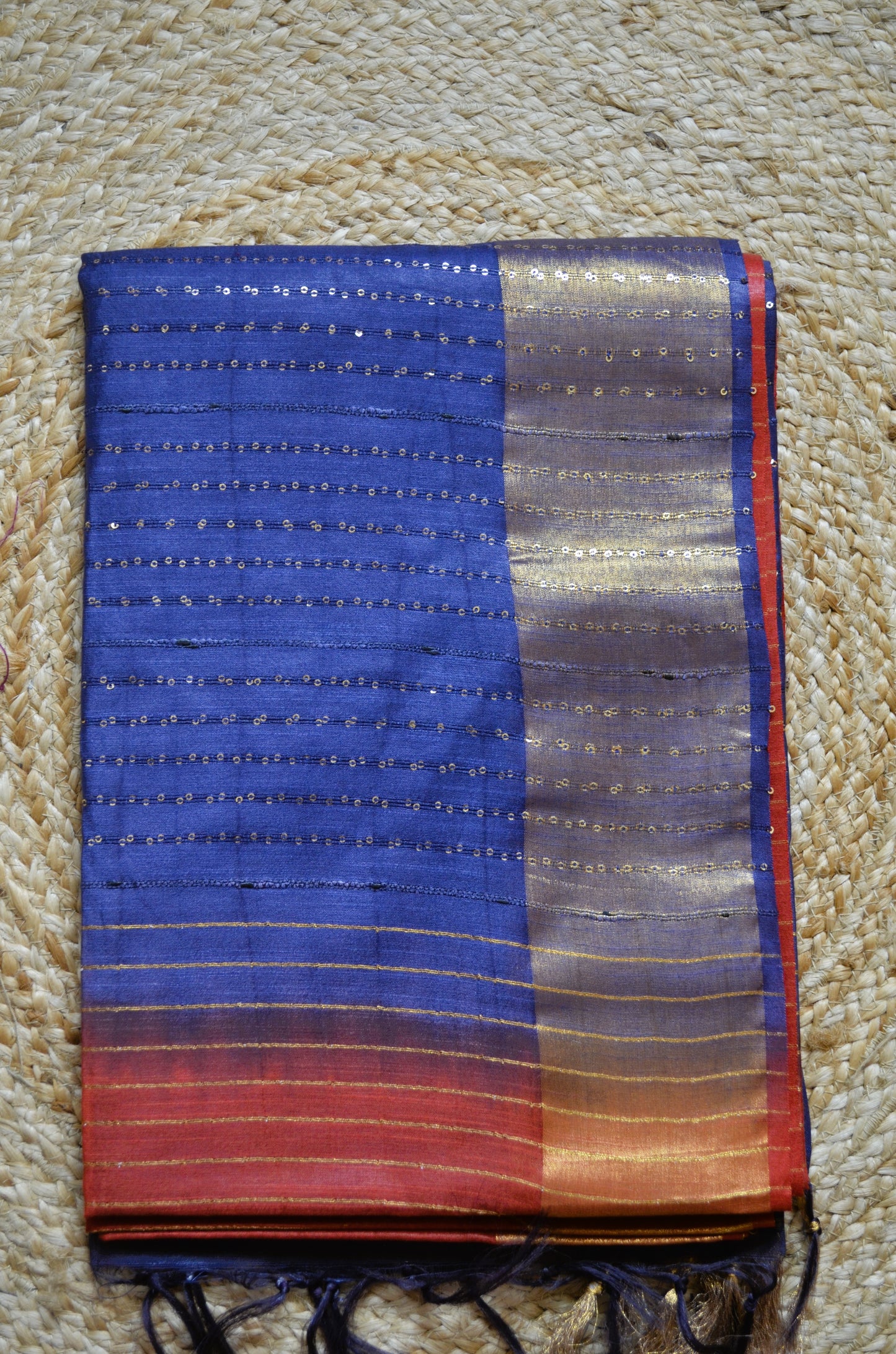 Rust Navy Tussar Vegan Silk Handloom Saree