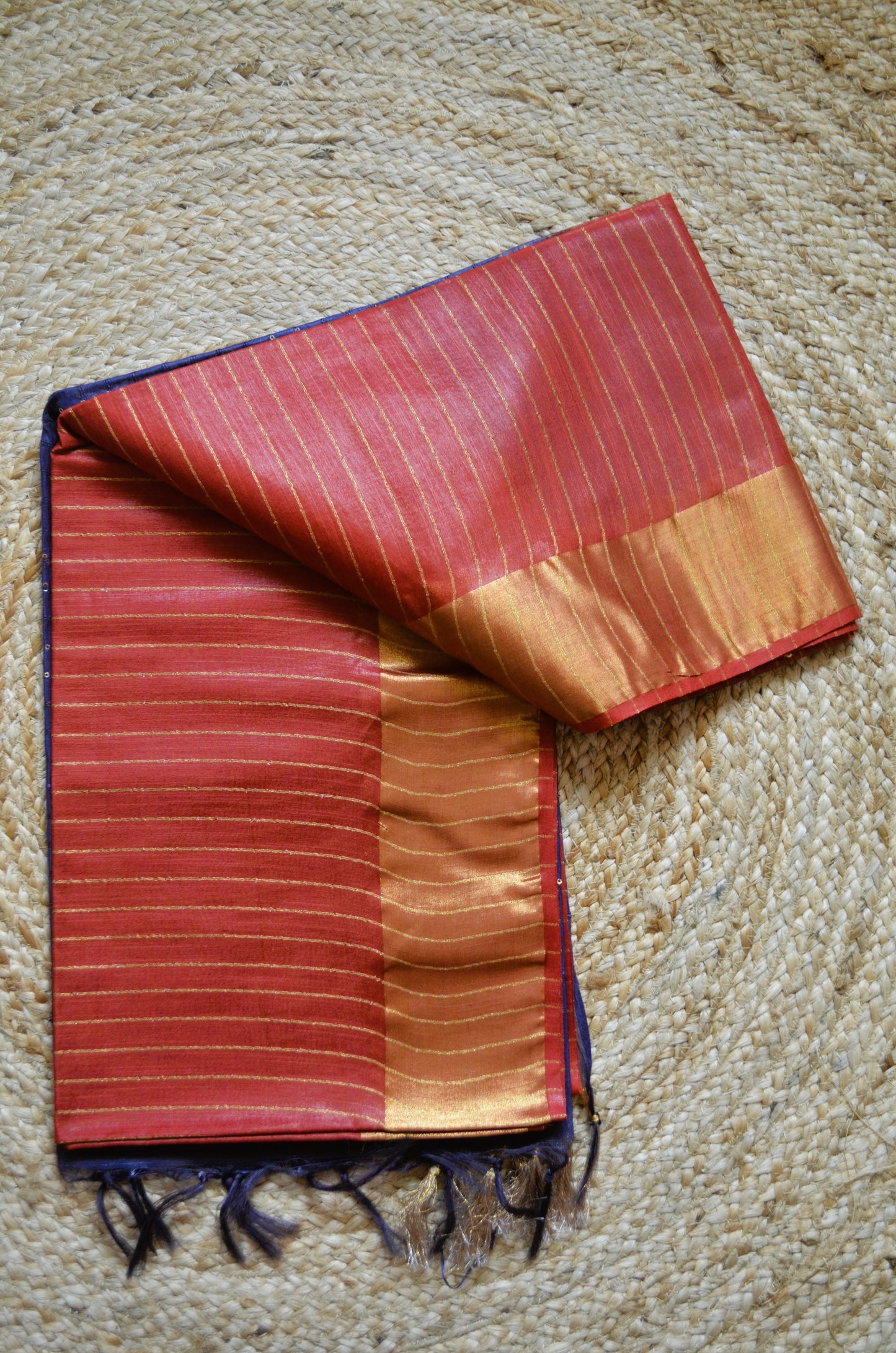 Rust Navy Tussar Vegan Silk Handloom Saree