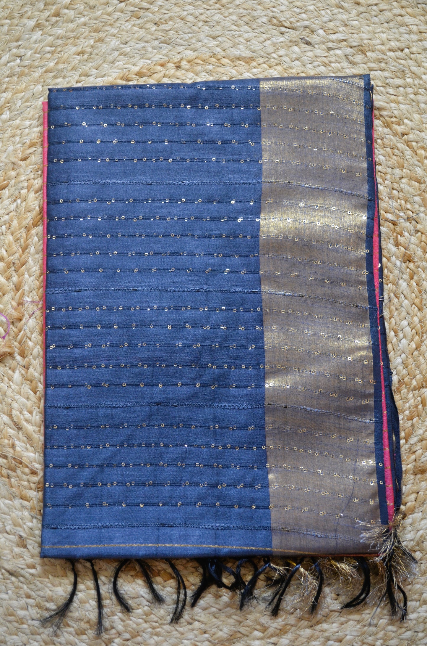 Pink Navy Tussar Vegan Silk Handloom Saree