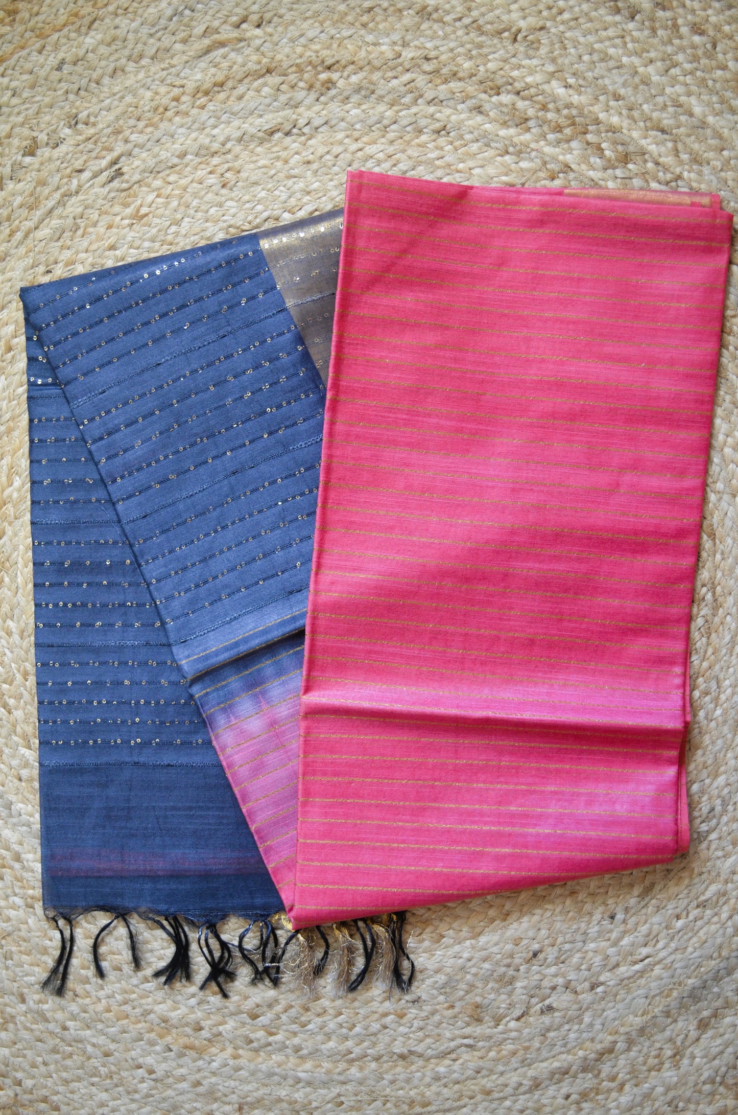 Pink Navy Tussar Vegan Silk Handloom Saree