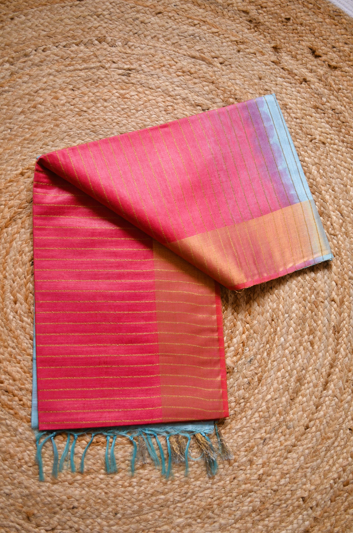 Pink Blue Tussar Vegan Silk Handloom Saree