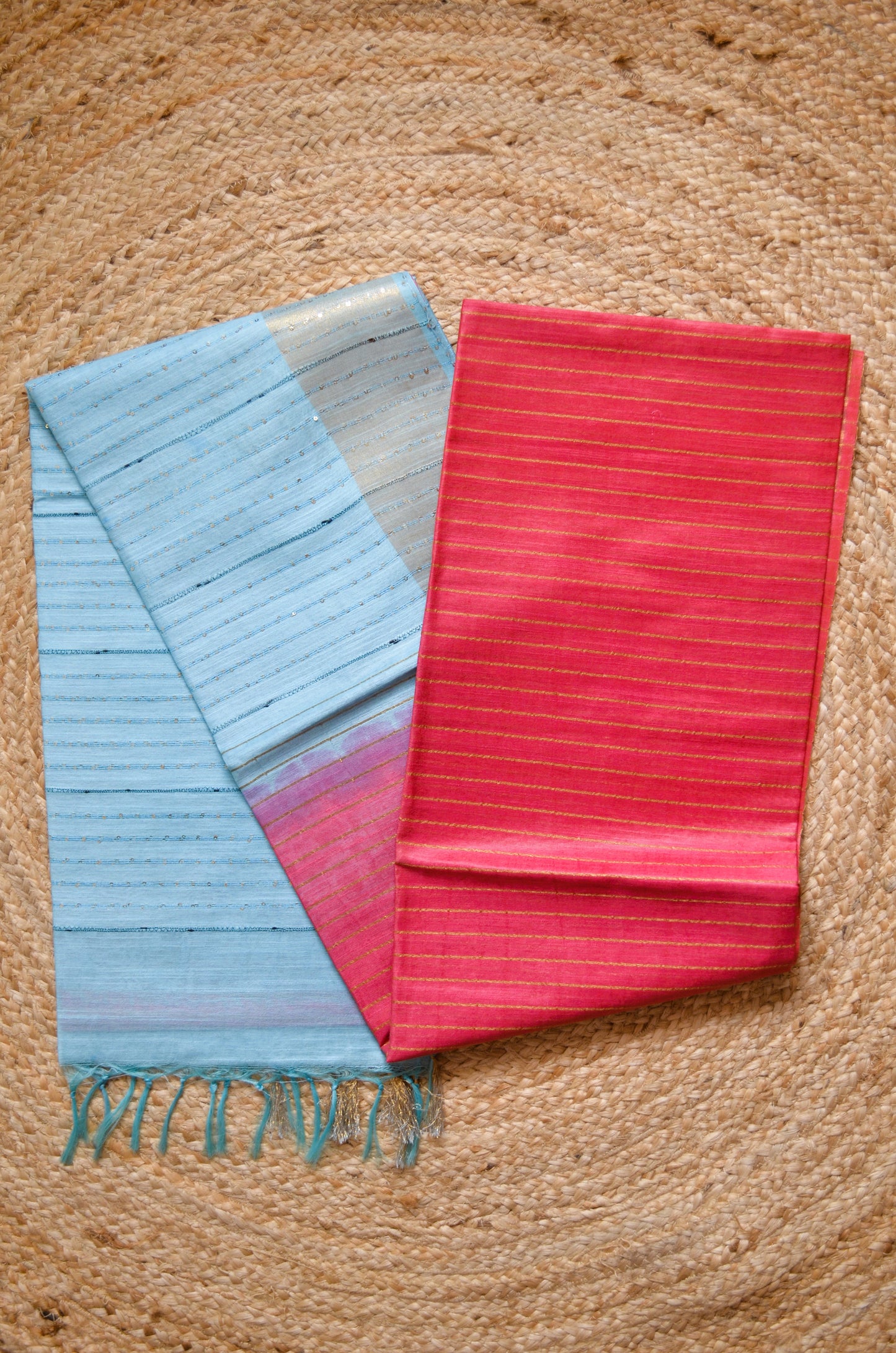 Pink Blue Tussar Vegan Silk Handloom Saree