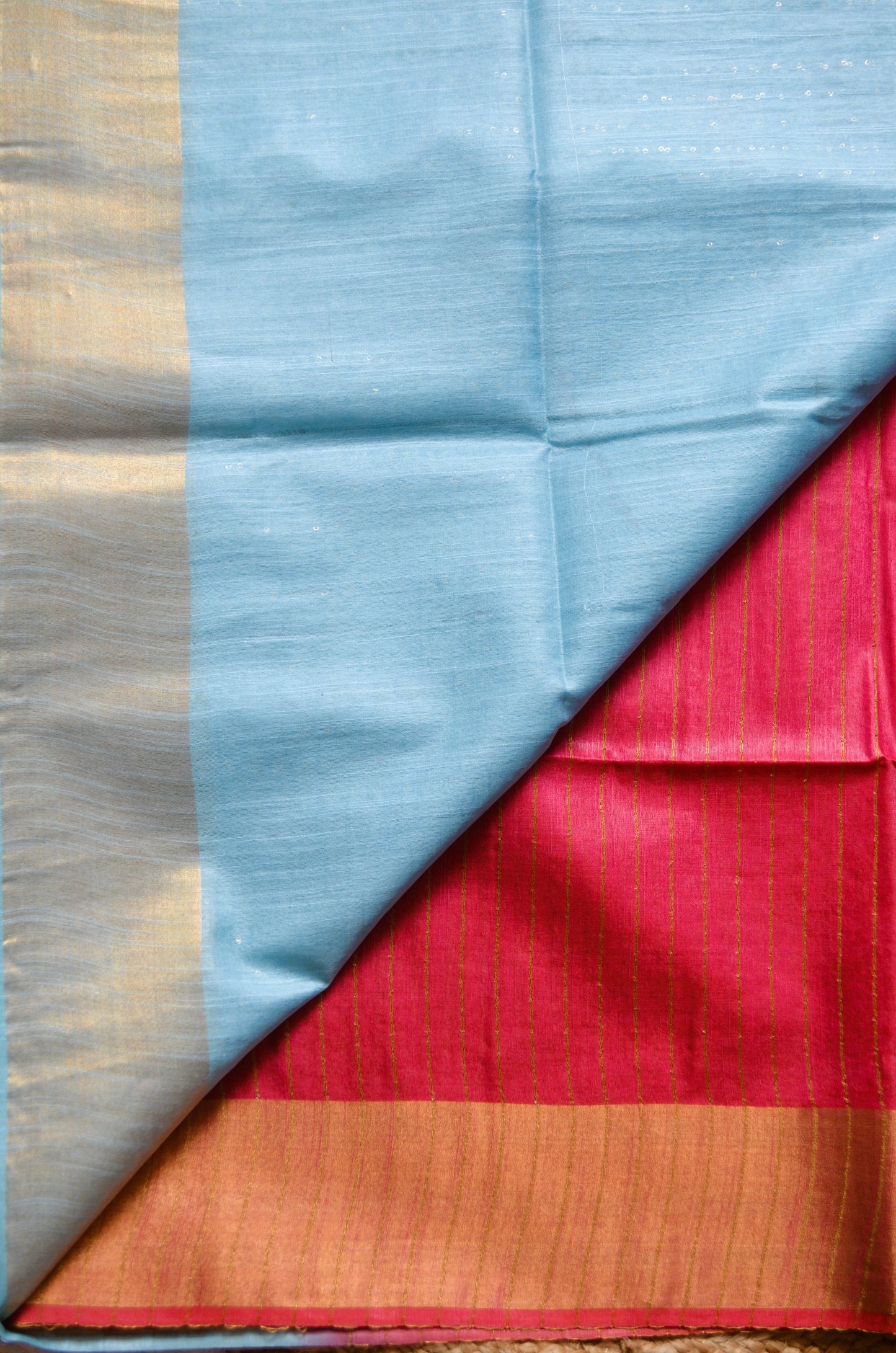 Pink Blue Tussar Vegan Silk Handloom Saree