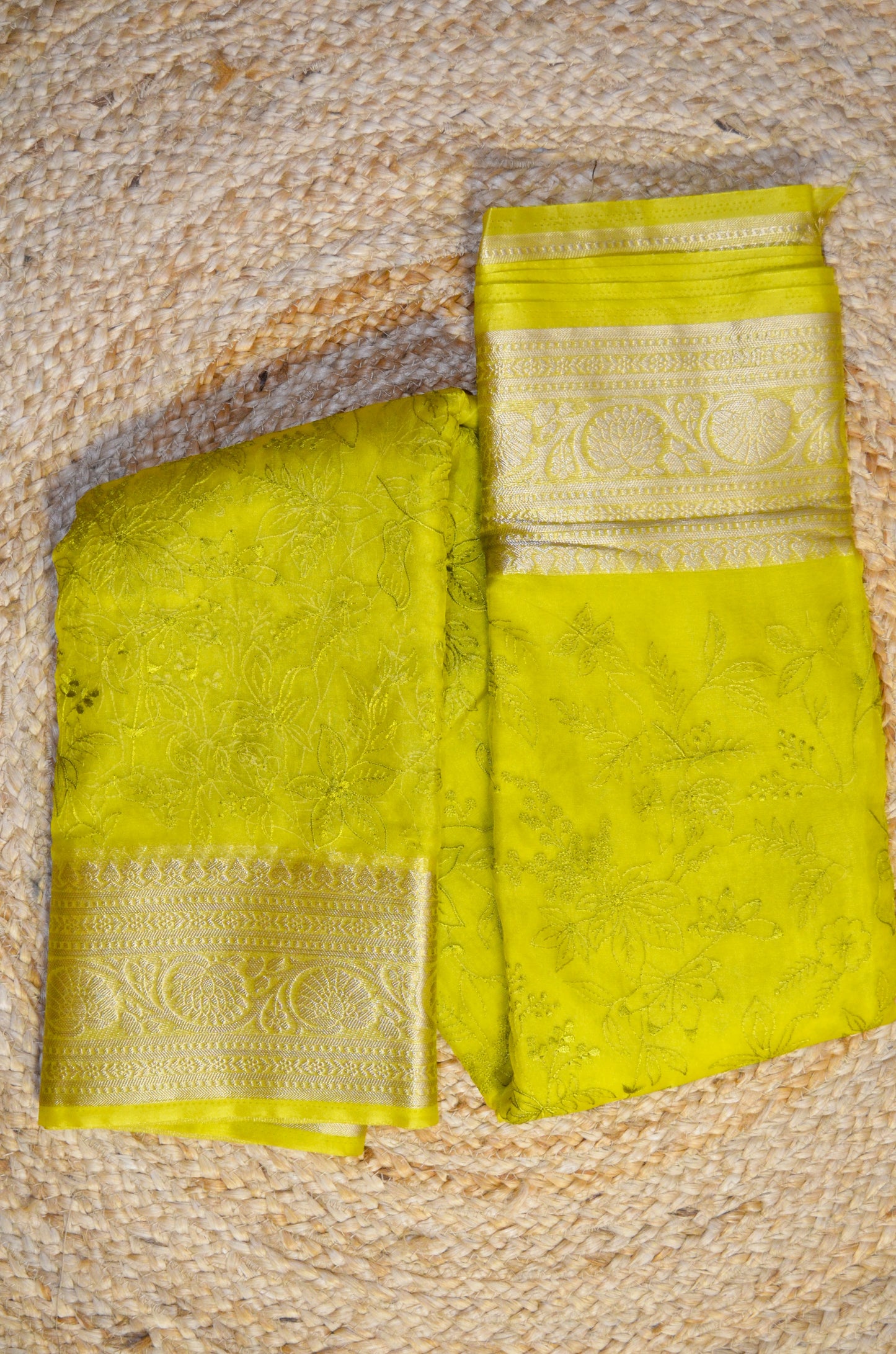 Lemon Embriodered Chikankari Saree