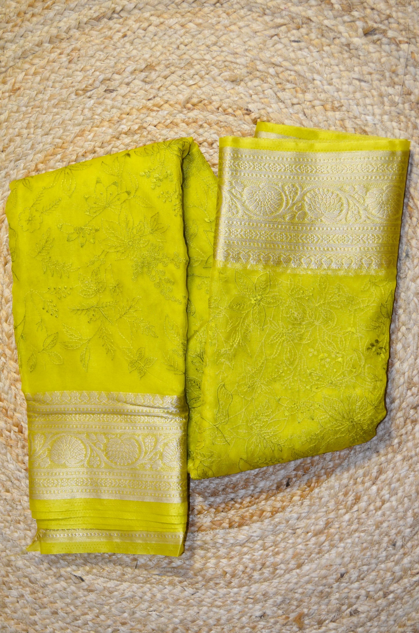 Lemon Embriodered Chikankari Saree