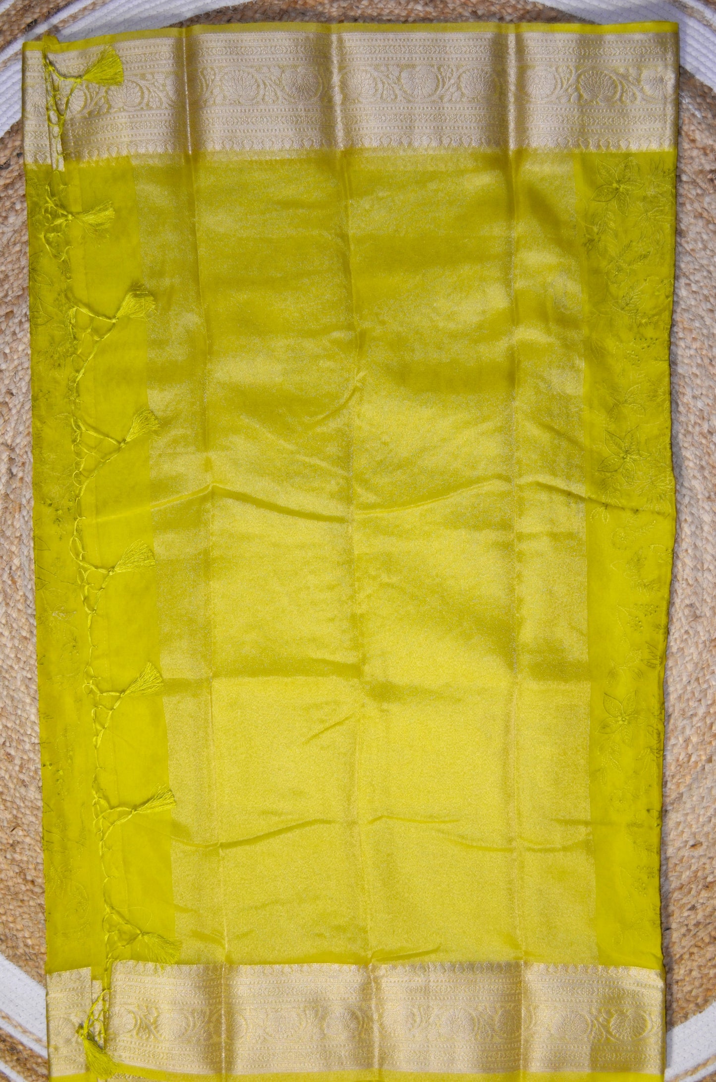 Lemon Embriodered Chikankari Saree