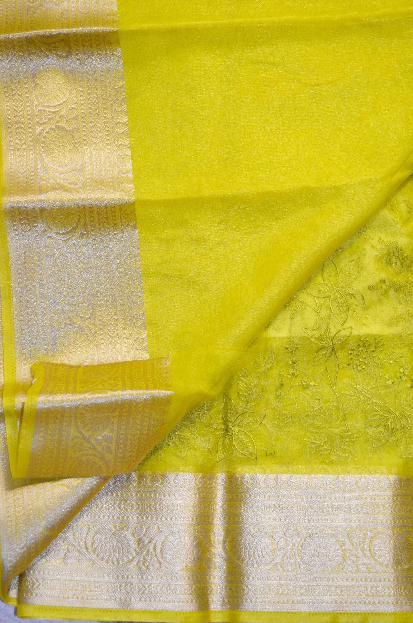 Lemon Embriodered Chikankari Saree