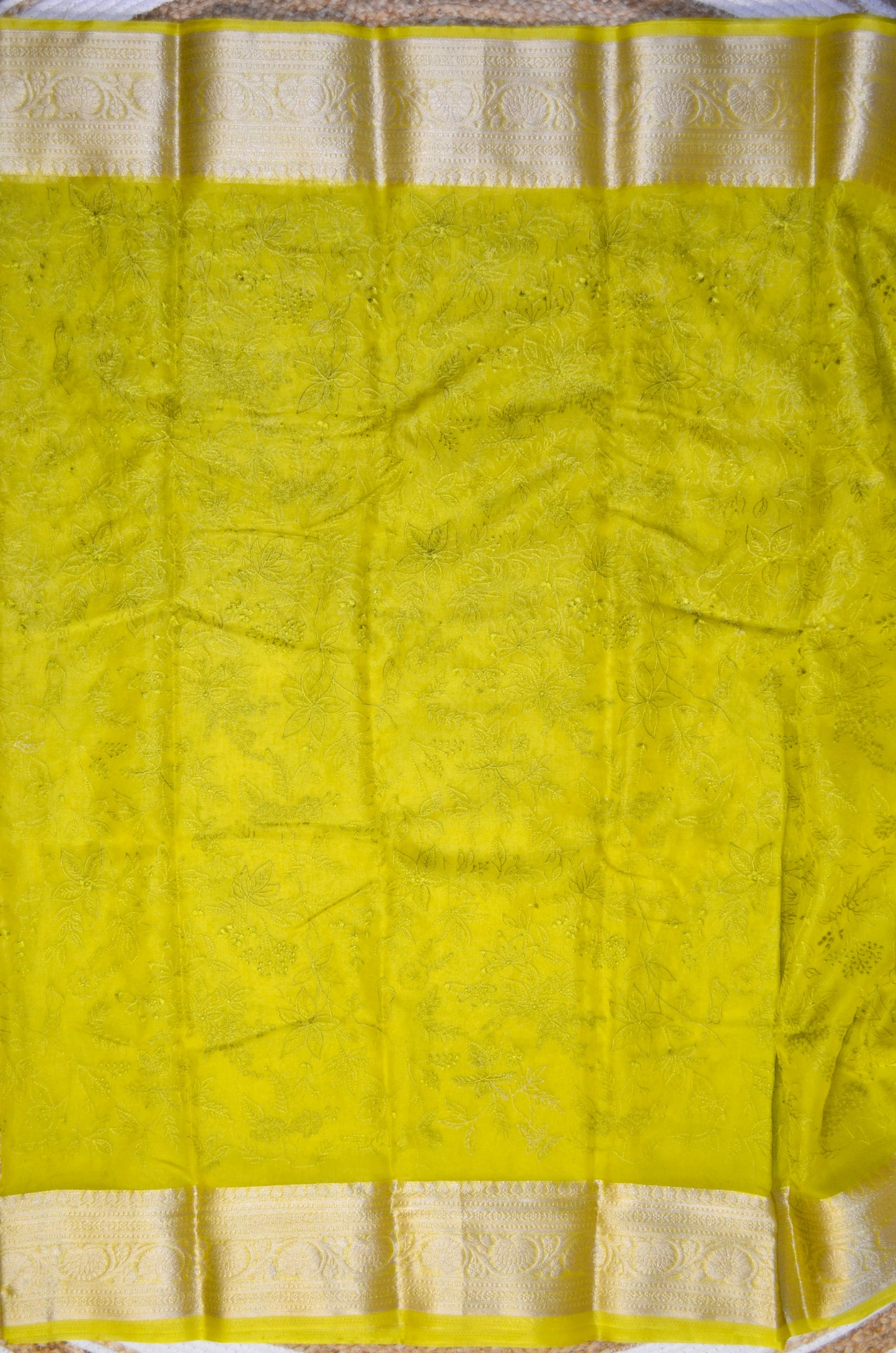 Lemon Embriodered Chikankari Saree