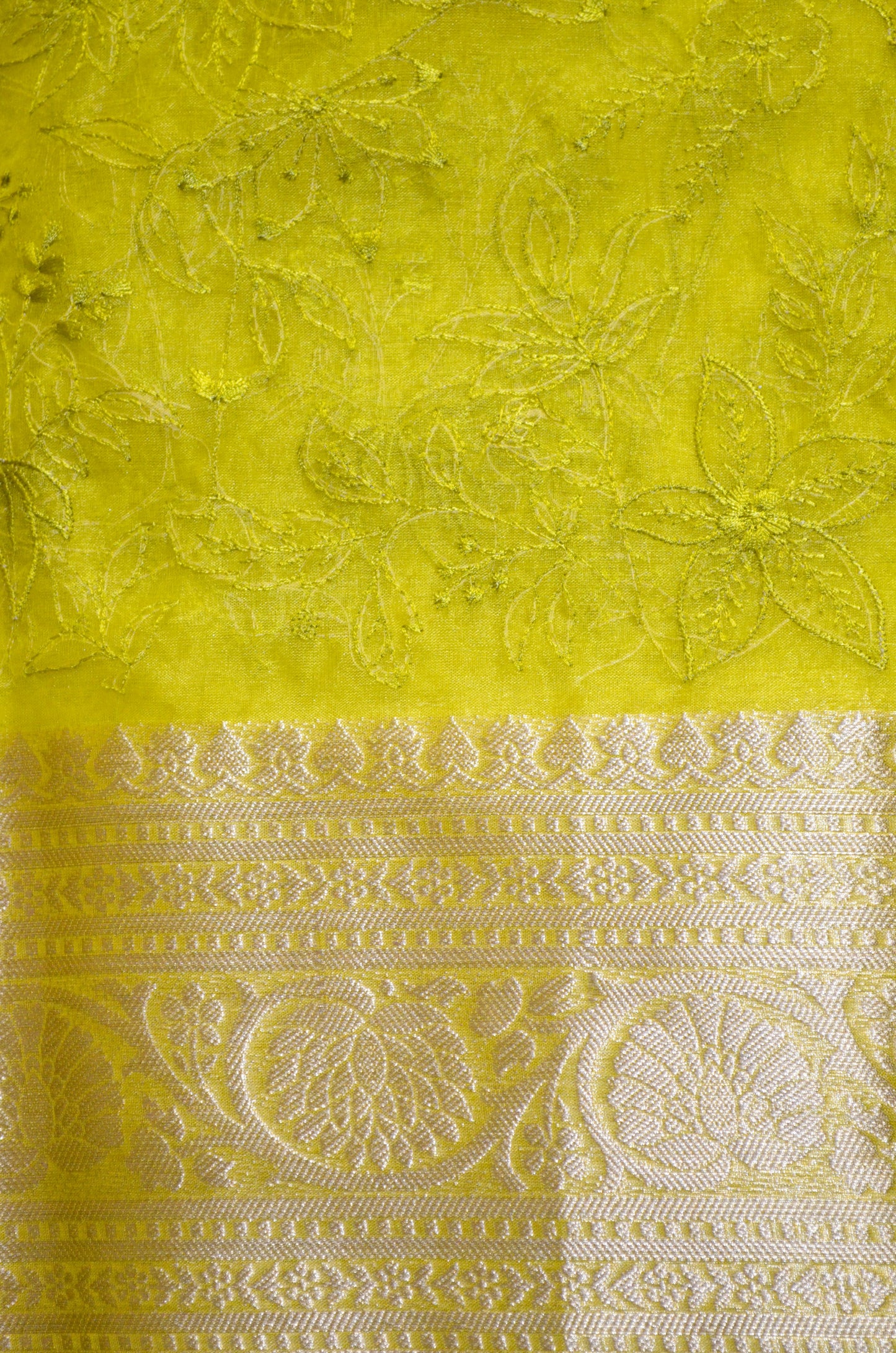 Lemon Embriodered Chikankari Saree