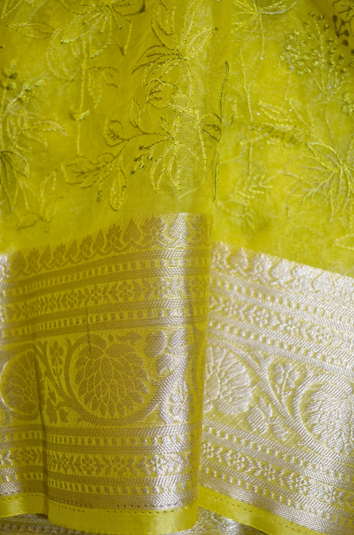 Lemon Embriodered Chikankari Saree