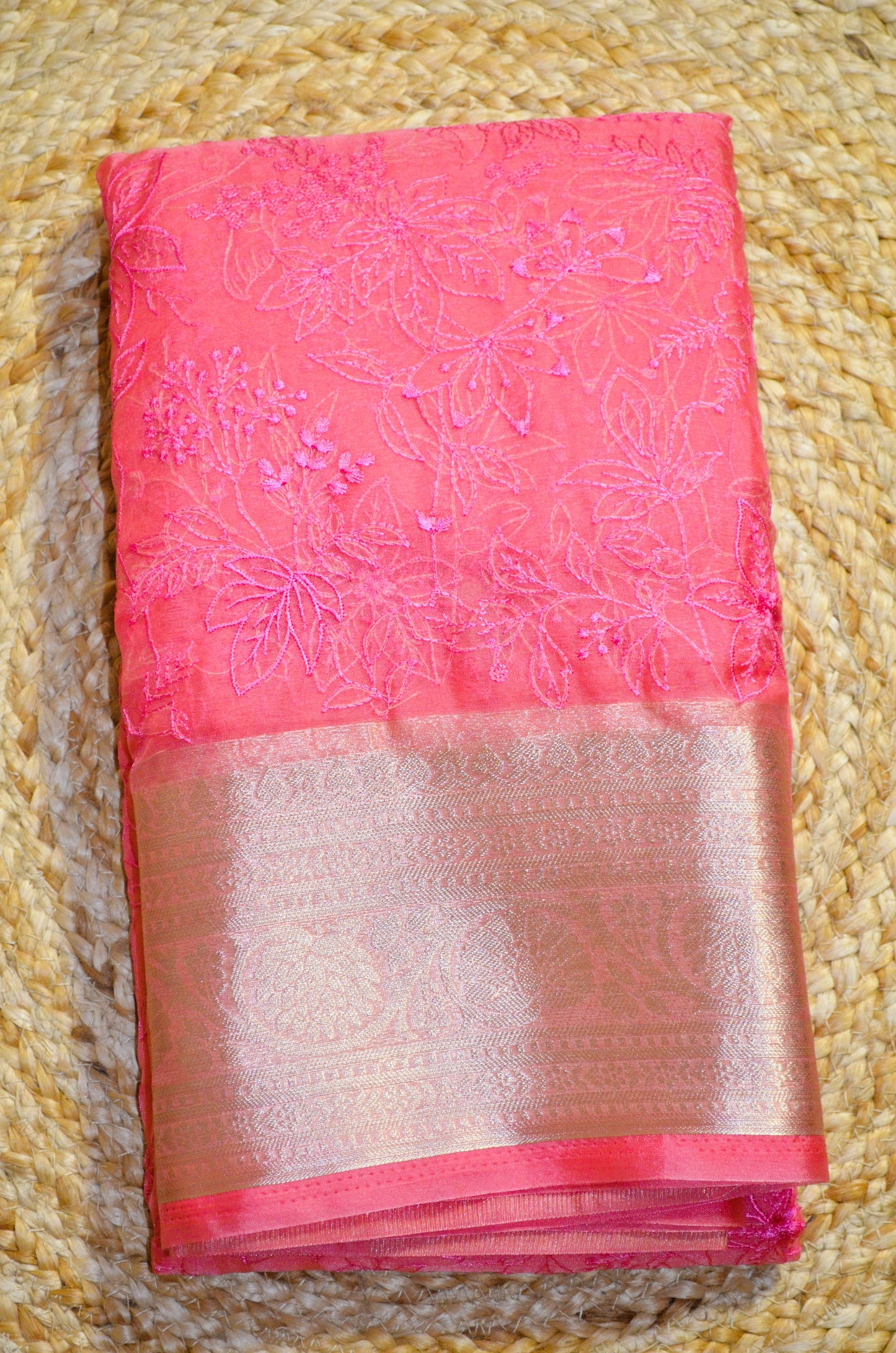 Pink Embriodered Chikankari Saree