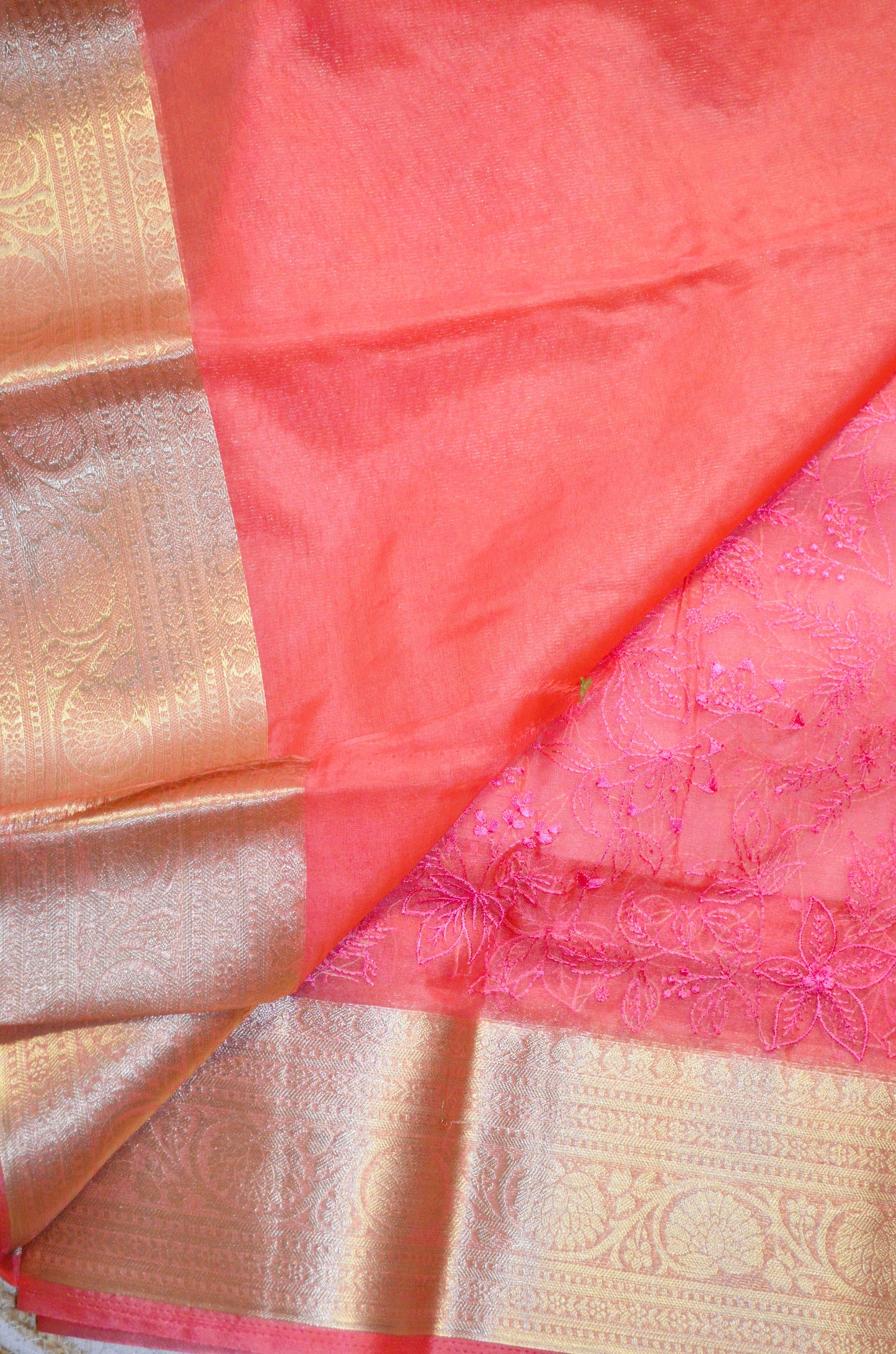 Pink Embriodered Chikankari Saree