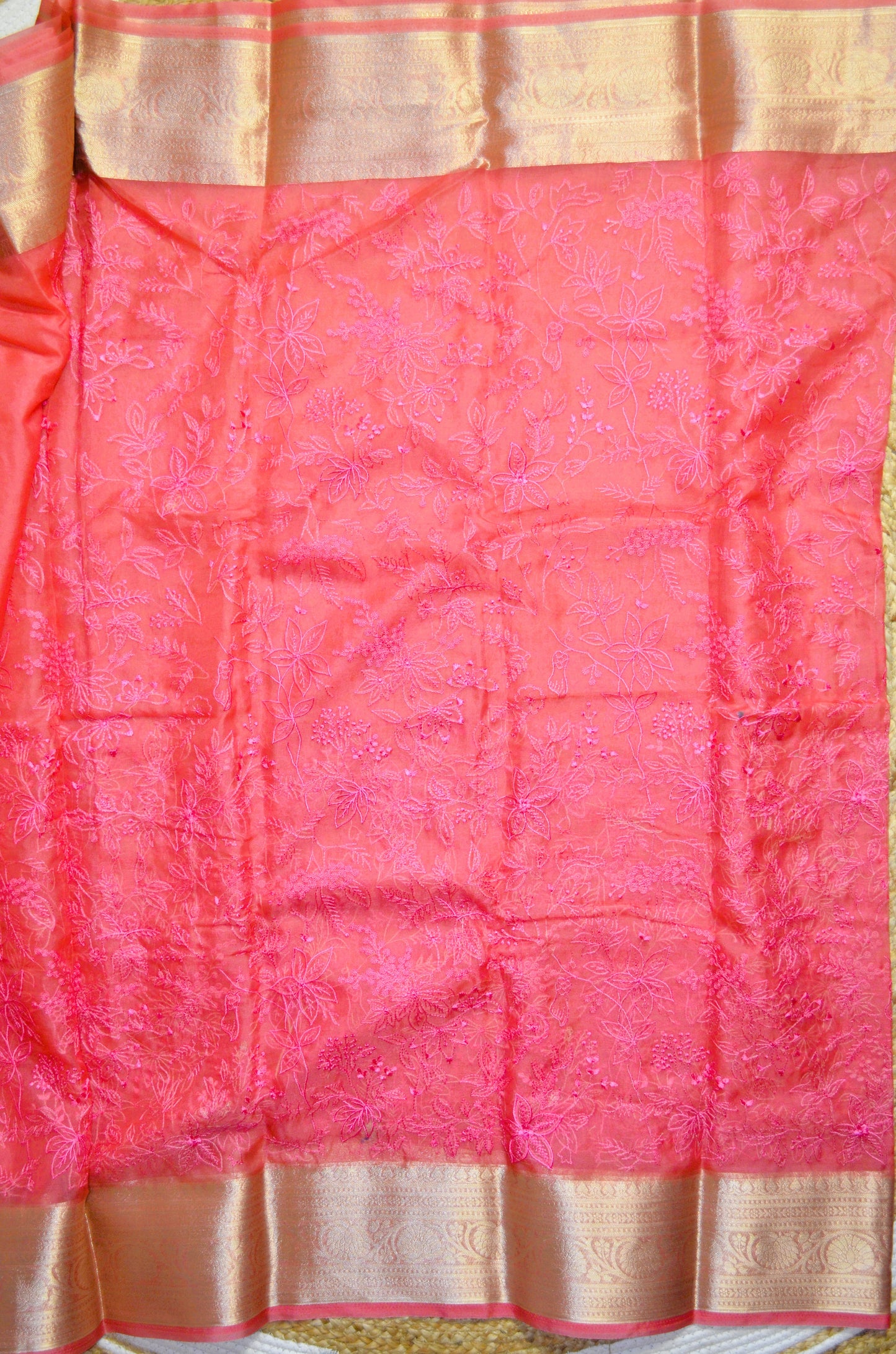 Pink Embriodered Chikankari Saree