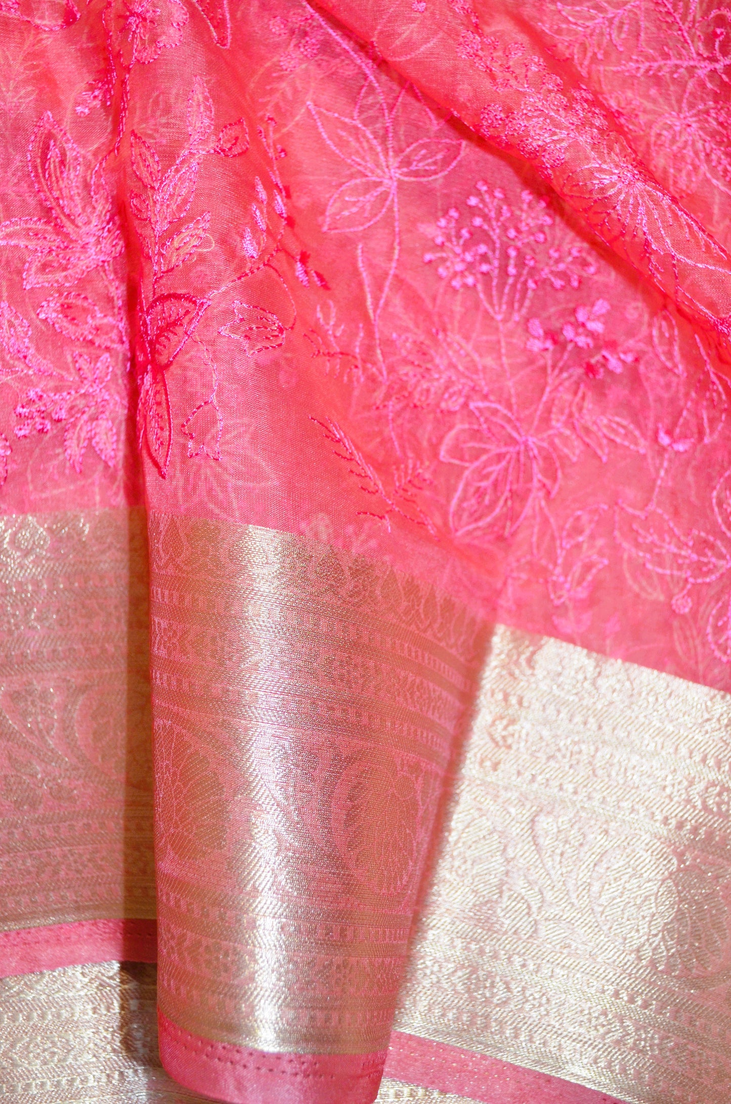 Pink Embriodered Chikankari Saree