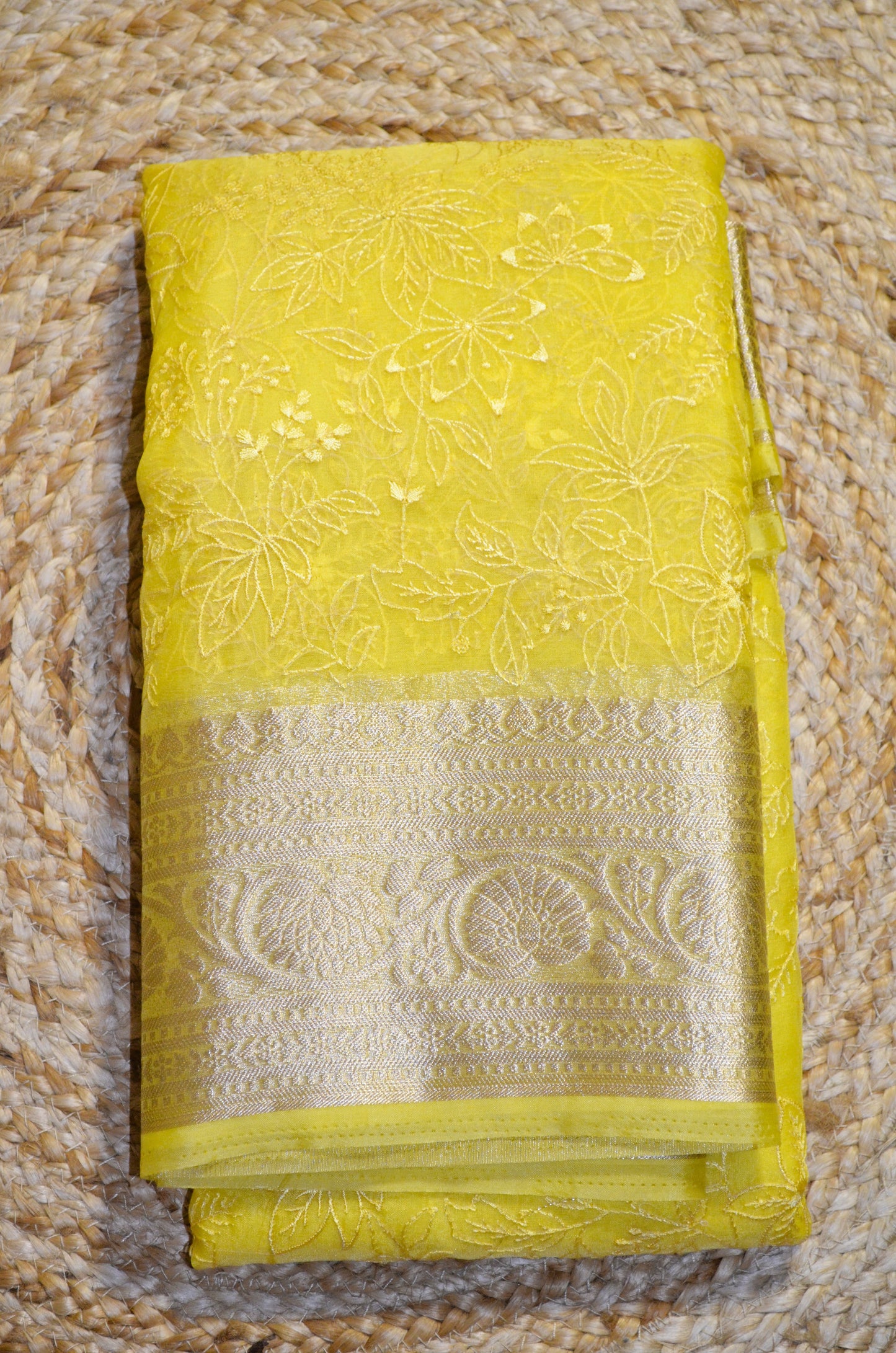 Yellow Embriodered Chikankari Saree