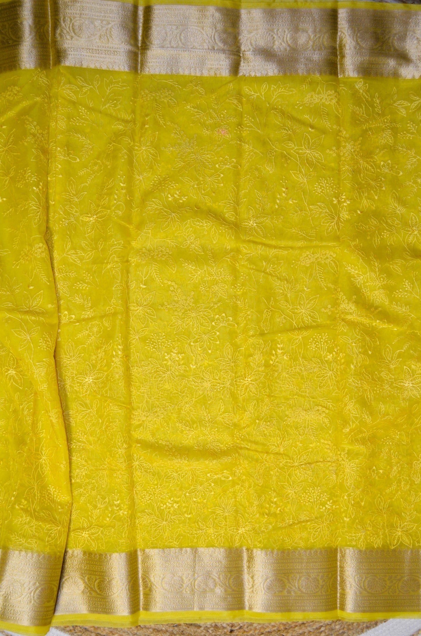 Yellow Embriodered Chikankari Saree