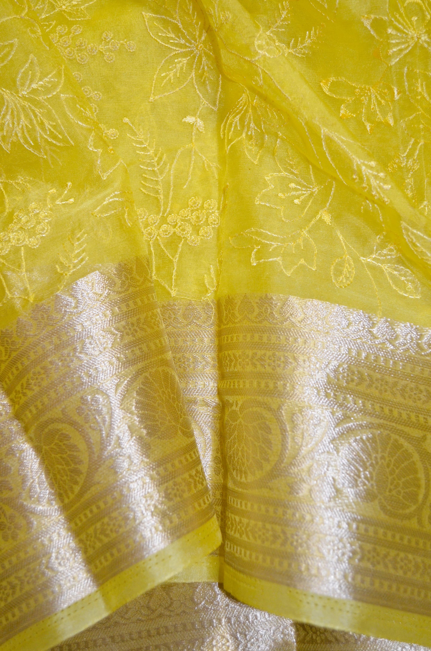 Yellow Embriodered Chikankari Saree