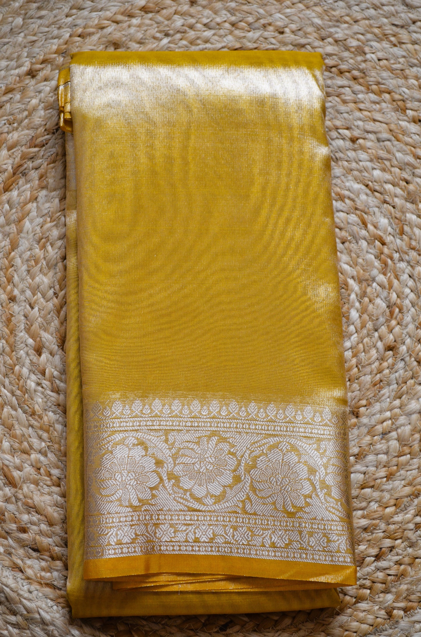 Yellow Plain Banarasi Tissue Silk Saree
