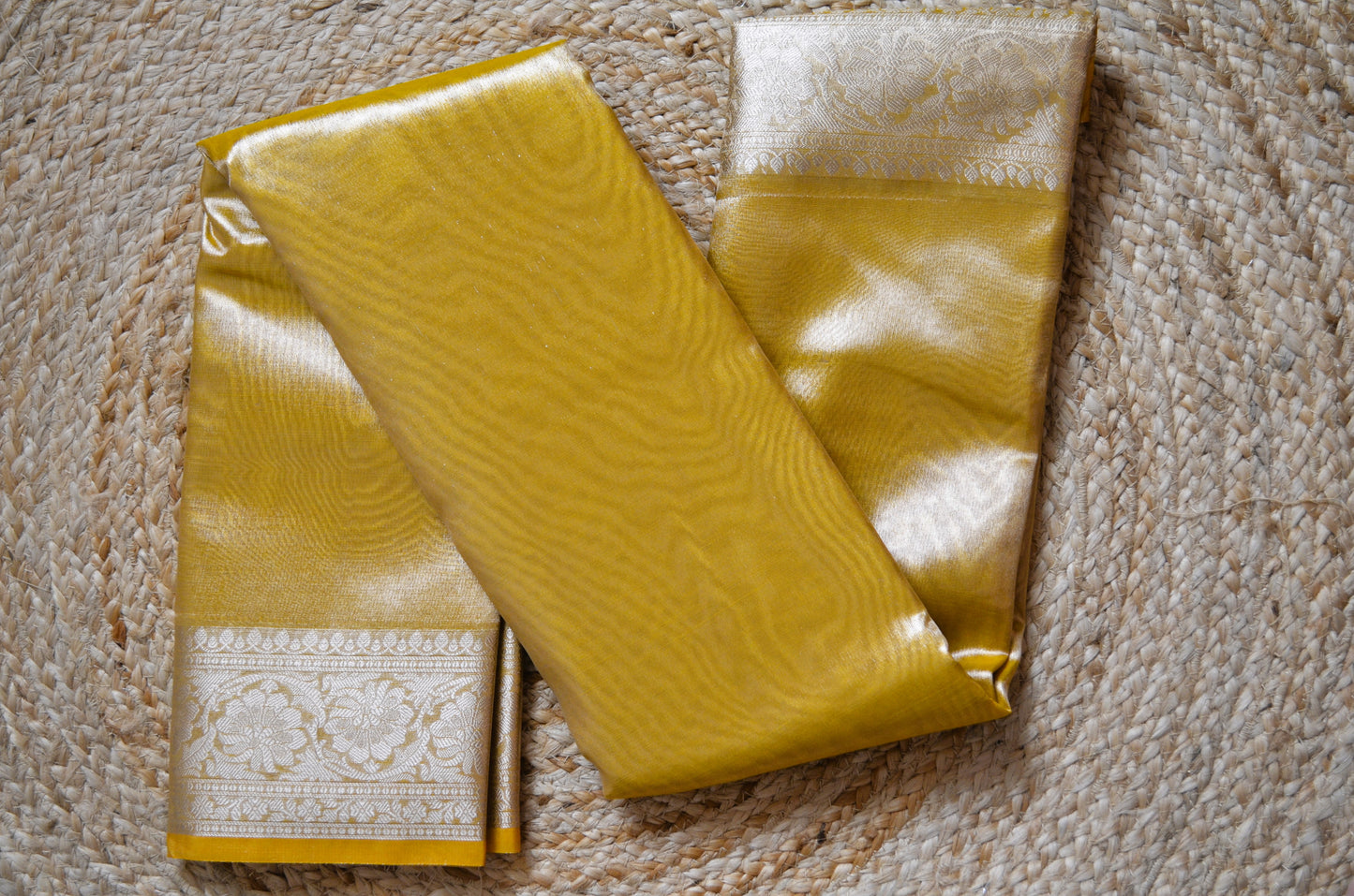 Yellow Plain Banarasi Tissue Silk Saree