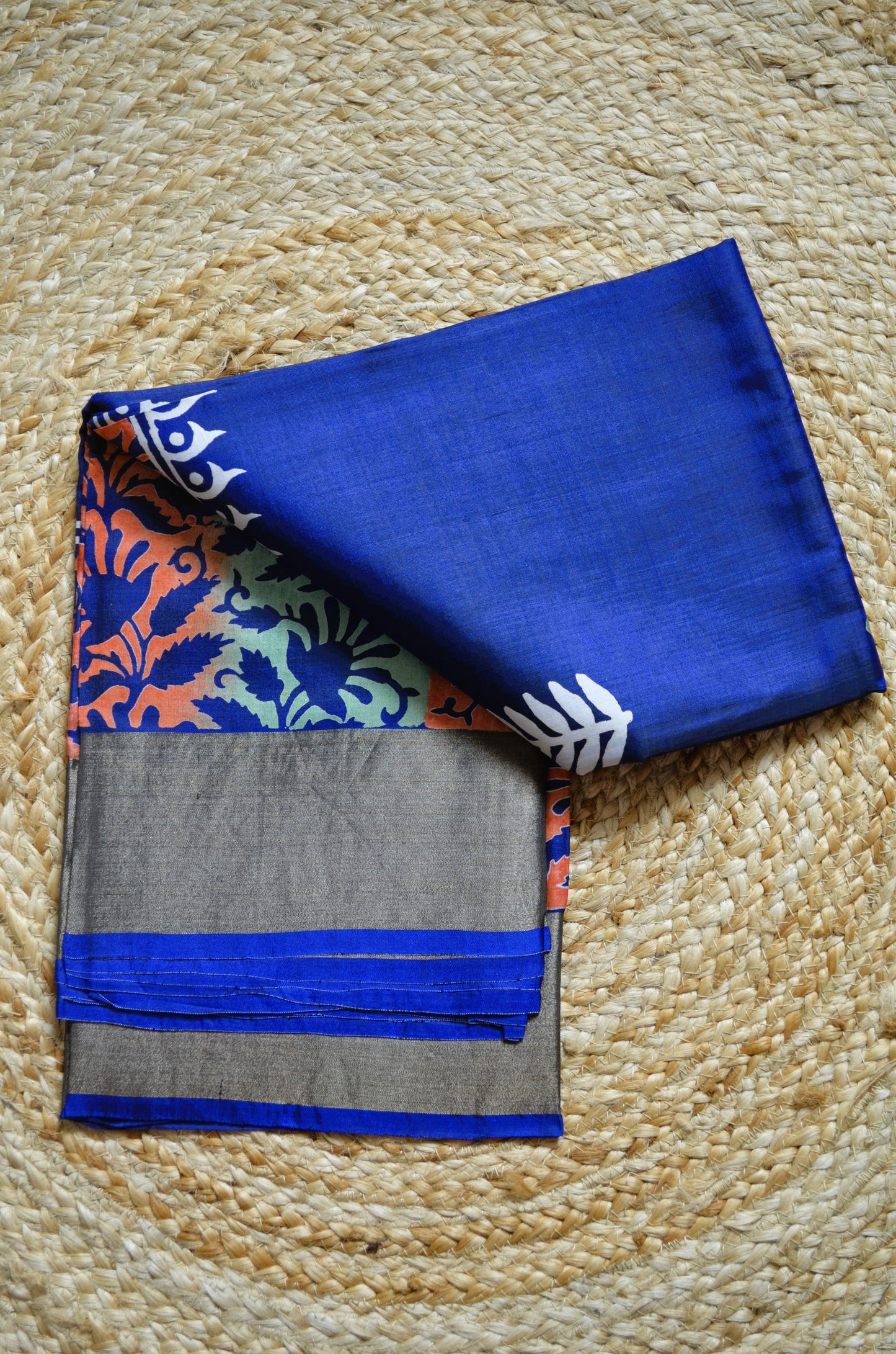 Navy Blue Katan Pure Silk Handloom Saree with Block Prints