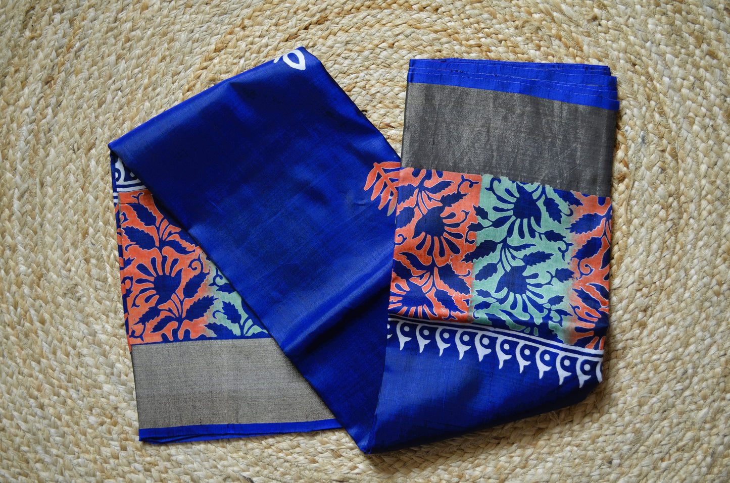 Navy Blue Katan Pure Silk Handloom Saree with Block Prints