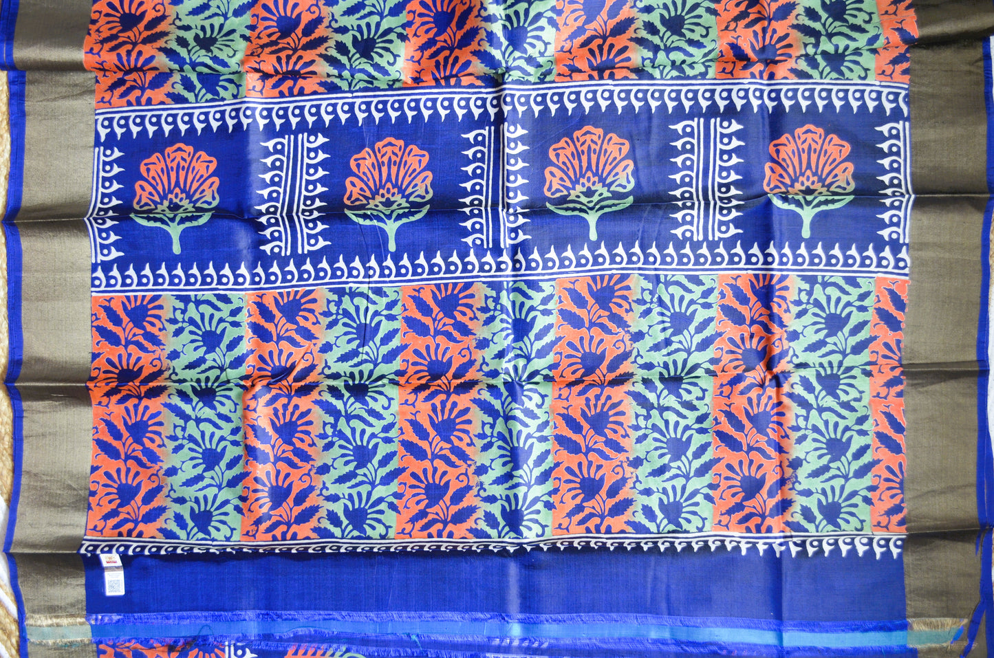 Navy Blue Katan Pure Silk Handloom Saree with Block Prints