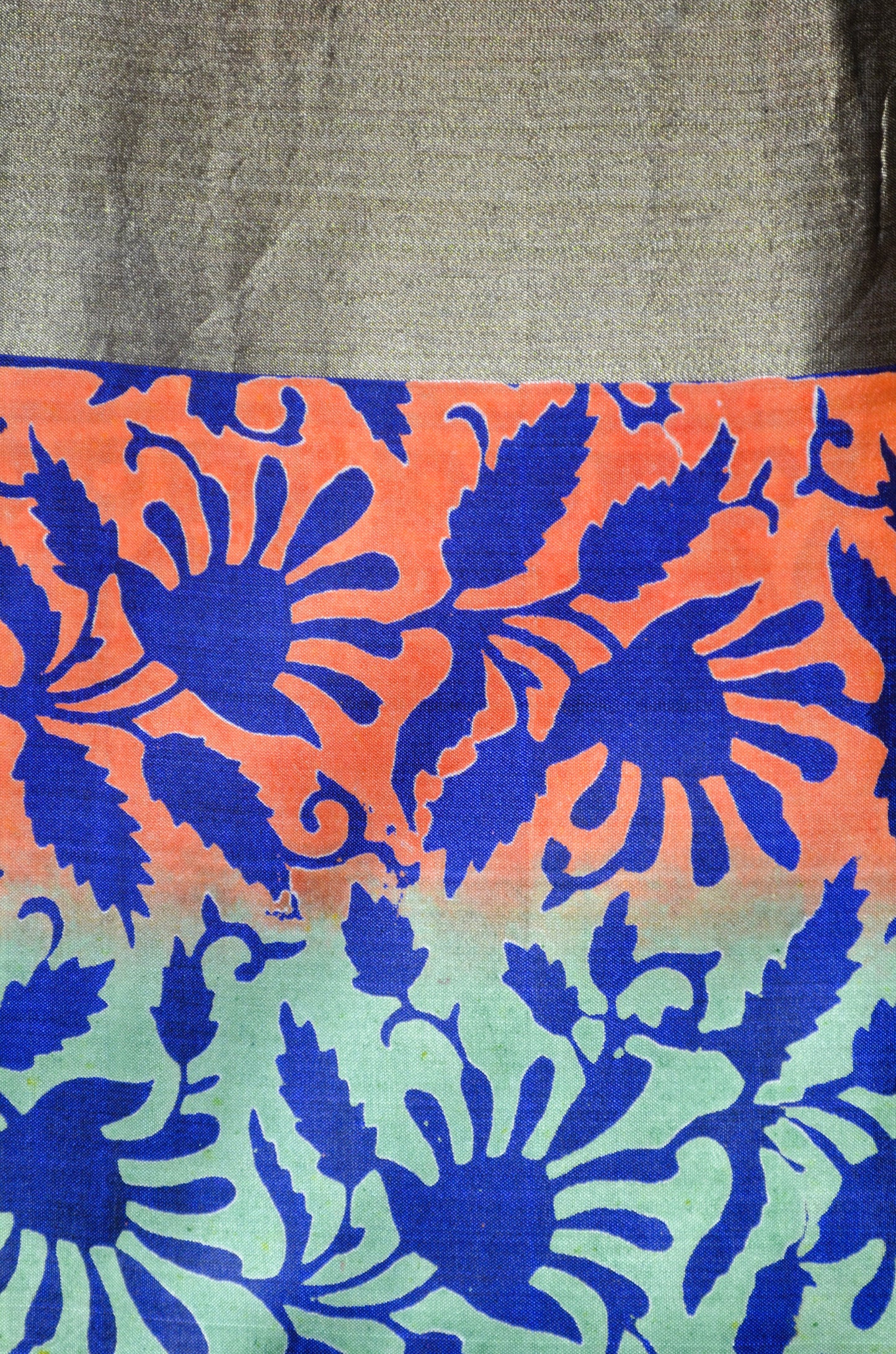 Navy Blue Katan Pure Silk Handloom Saree with Block Prints