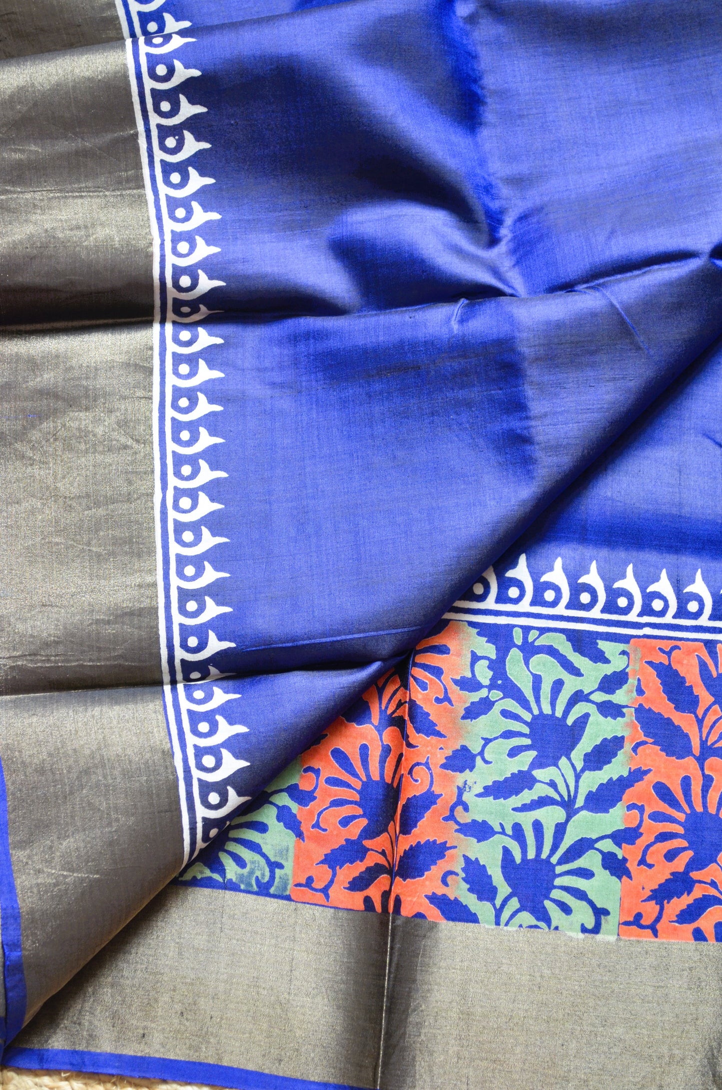 Navy Blue Katan Pure Silk Handloom Saree with Block Prints