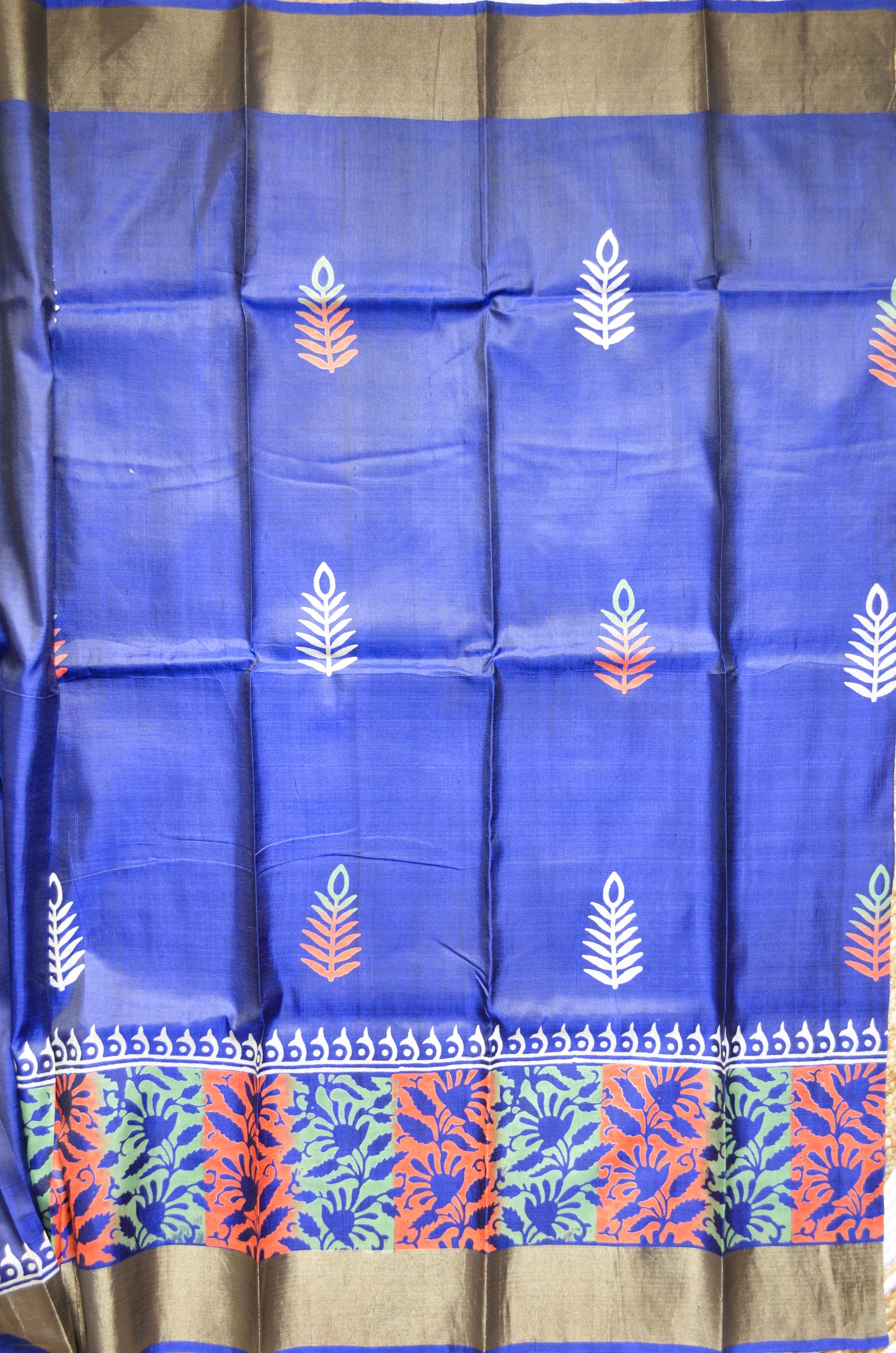 Navy Blue Katan Pure Silk Handloom Saree with Block Prints