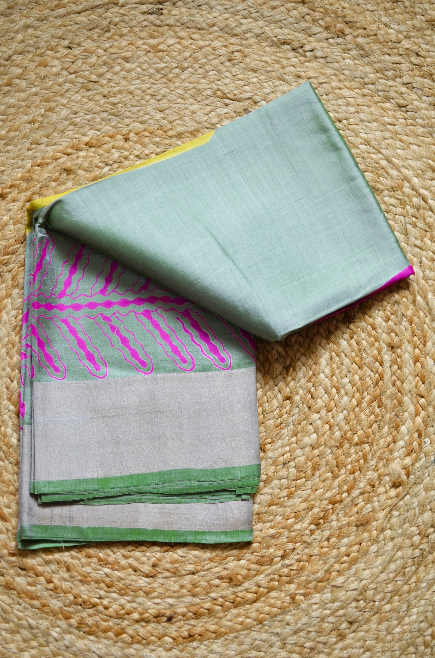 Pista Green Katan Pure Silk Handloom Saree with Block Prints
