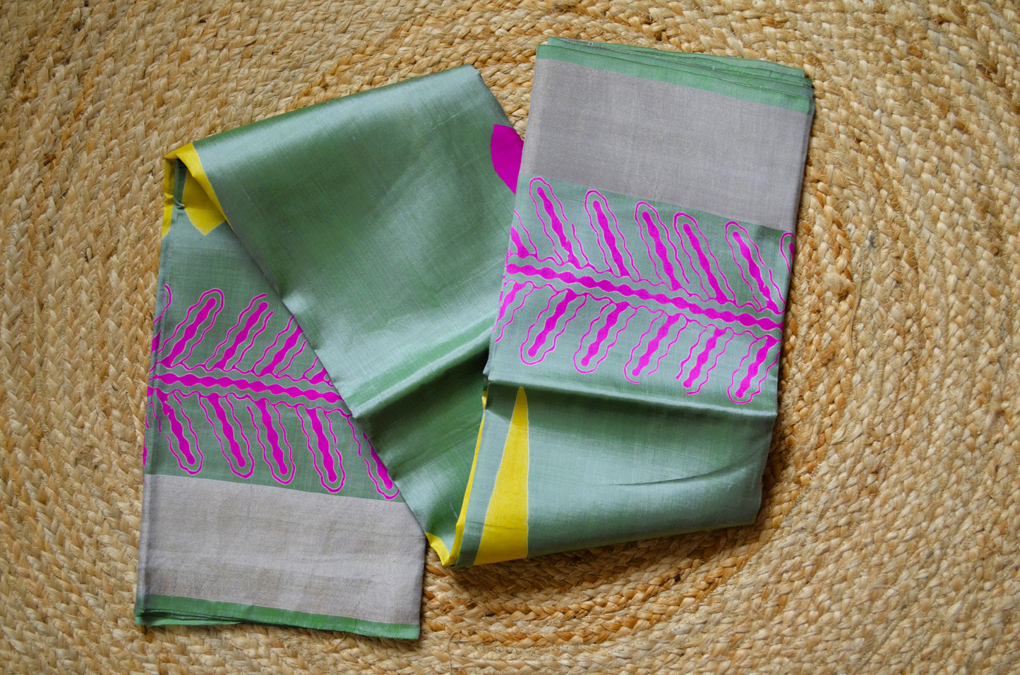 Pista Green Katan Pure Silk Handloom Saree with Block Prints