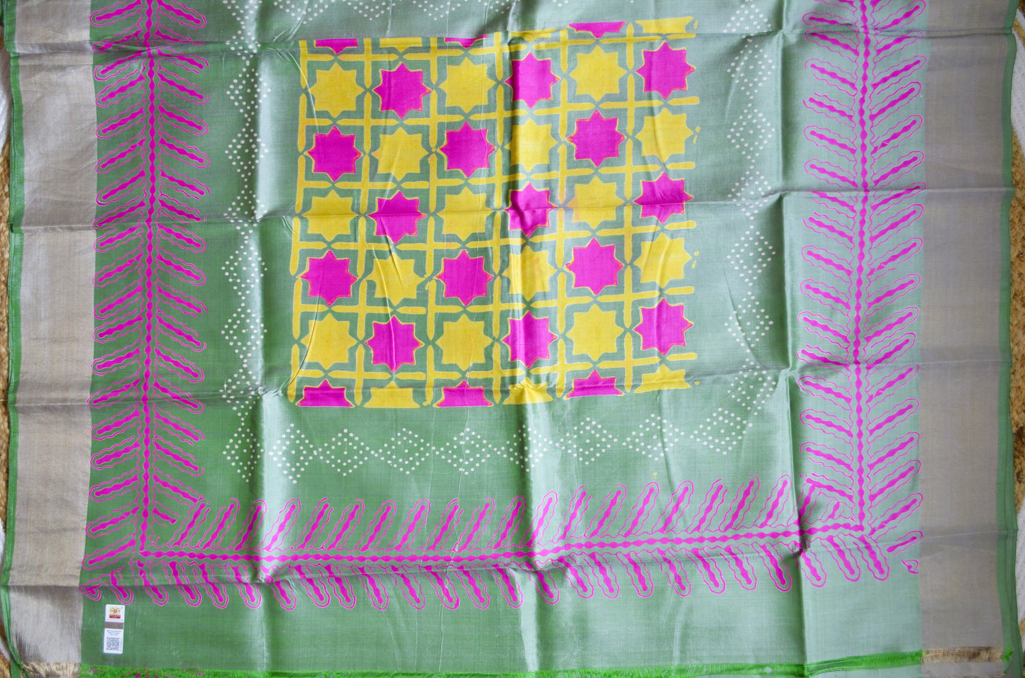 Pista Green Katan Pure Silk Handloom Saree with Block Prints