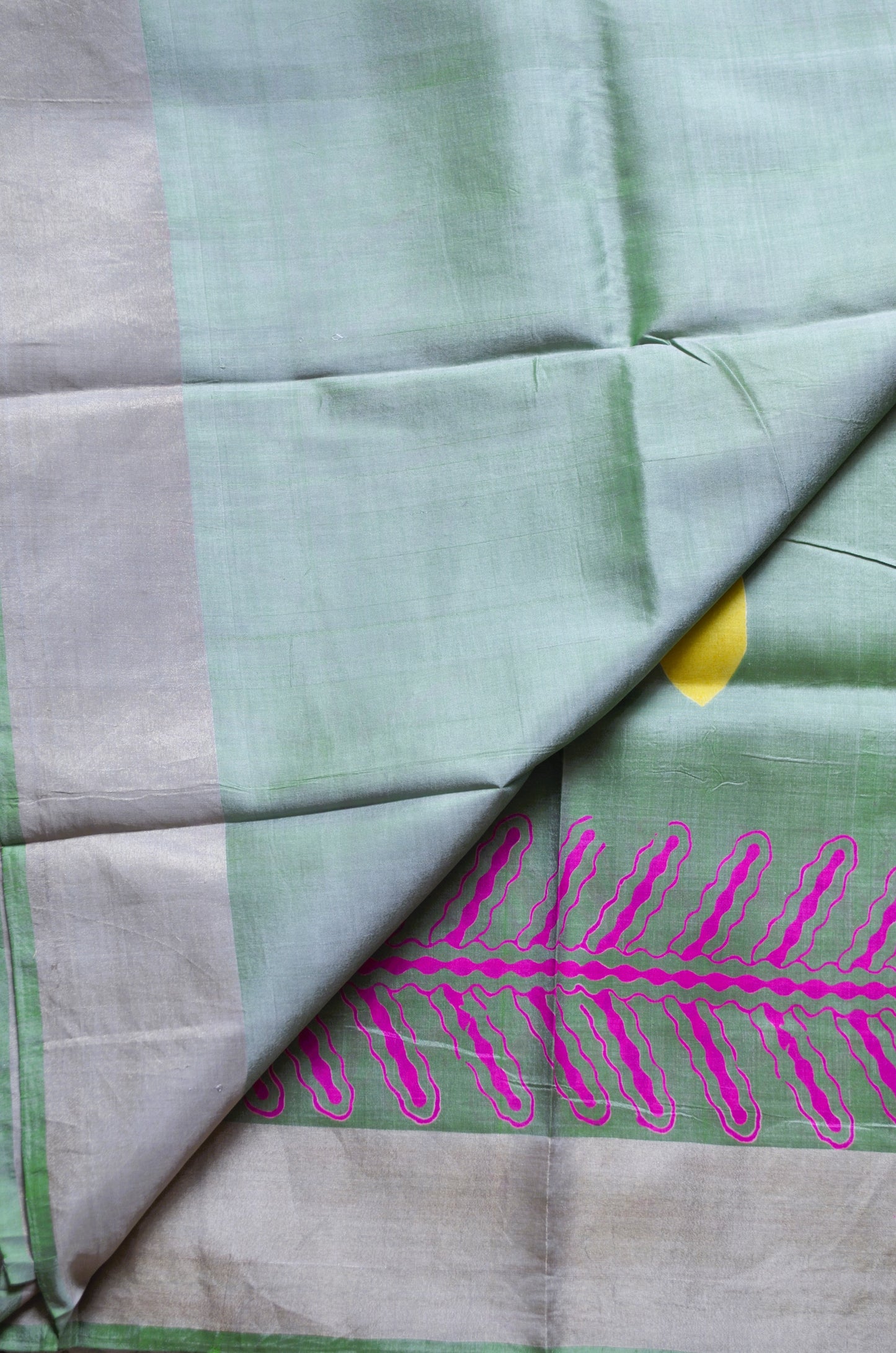 Pista Green Katan Pure Silk Handloom Saree with Block Prints