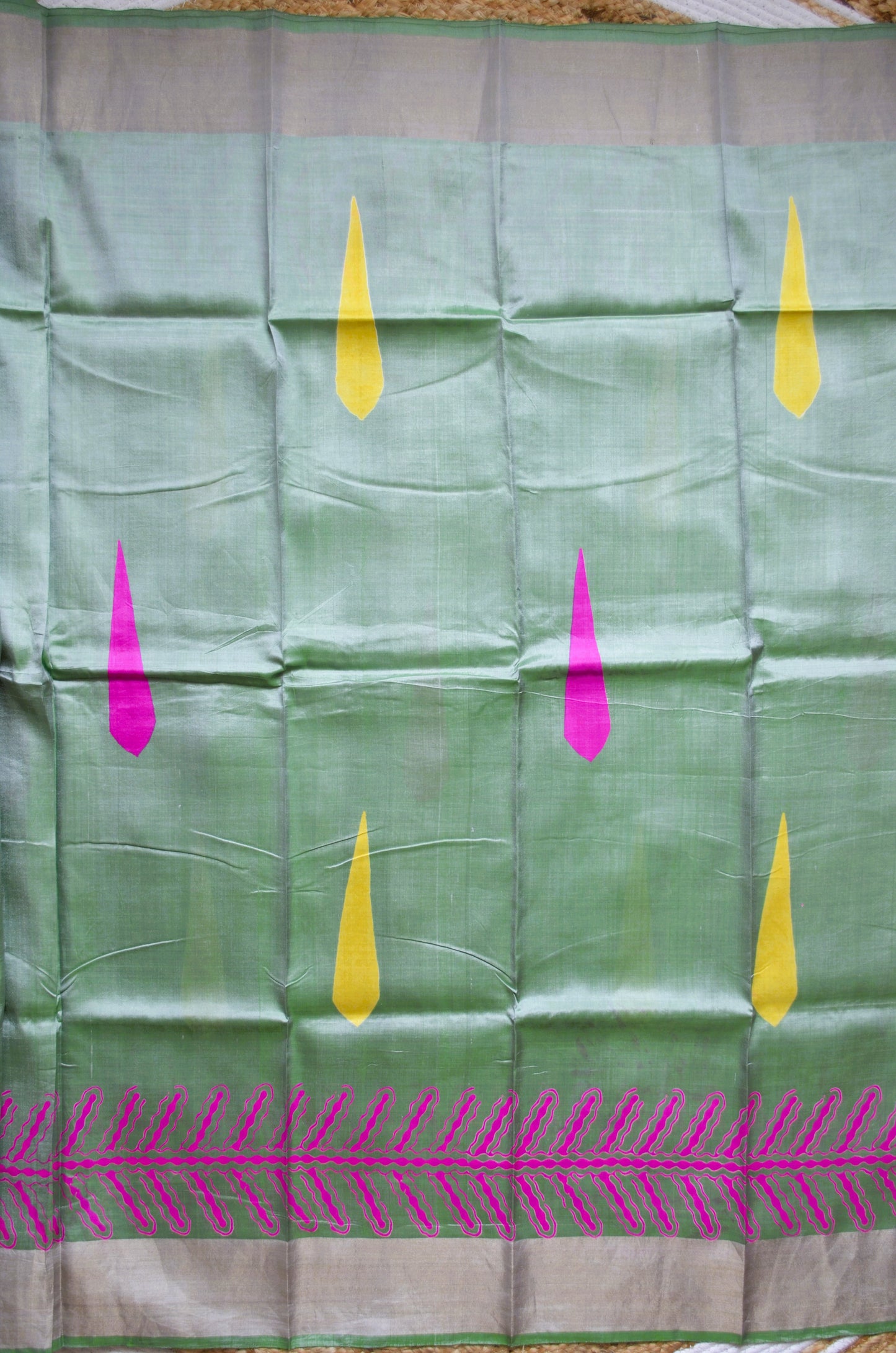 Pista Green Katan Pure Silk Handloom Saree with Block Prints