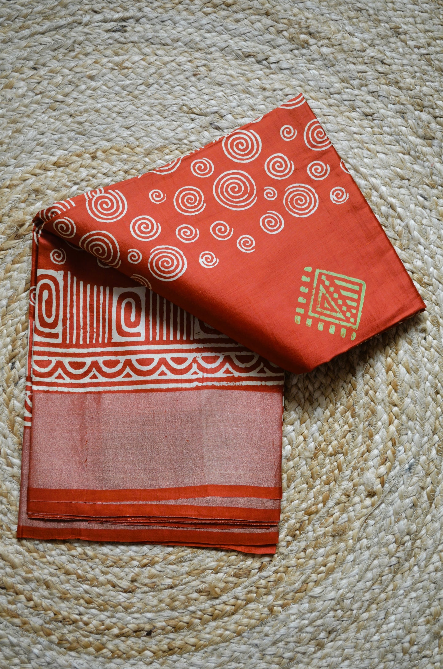 Rust Katan Pure Silk Handloom Saree with Block Prints