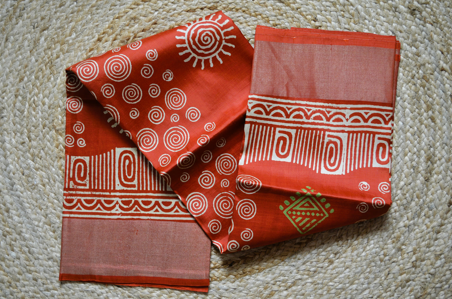Rust Katan Pure Silk Handloom Saree with Block Prints