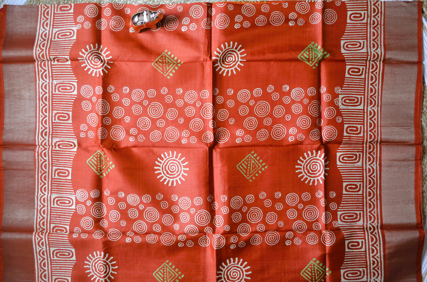 Rust Katan Pure Silk Handloom Saree with Block Prints