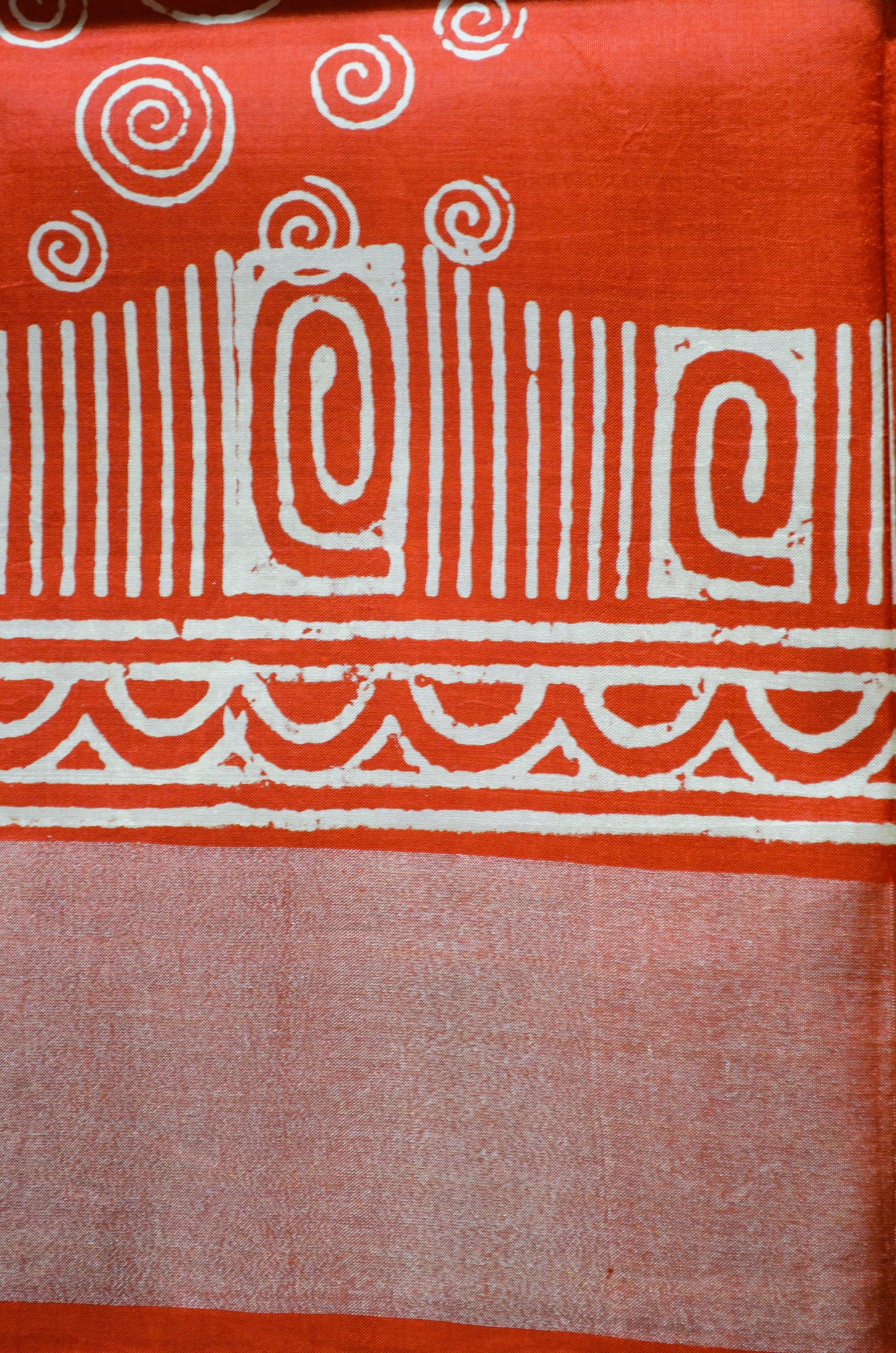 Rust Katan Pure Silk Handloom Saree with Block Prints