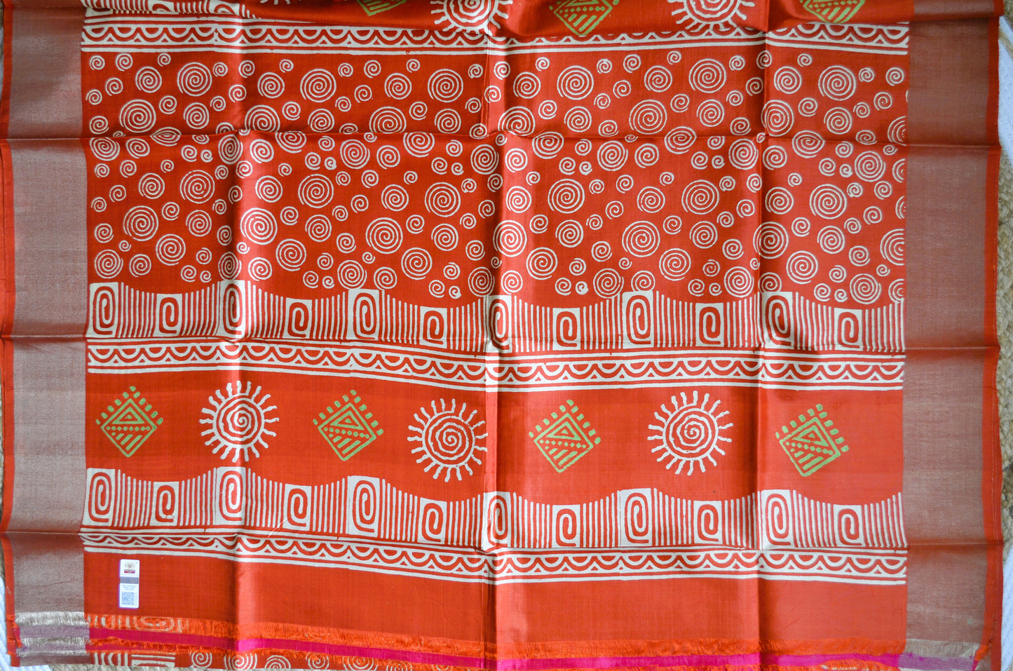 Rust Katan Pure Silk Handloom Saree with Block Prints