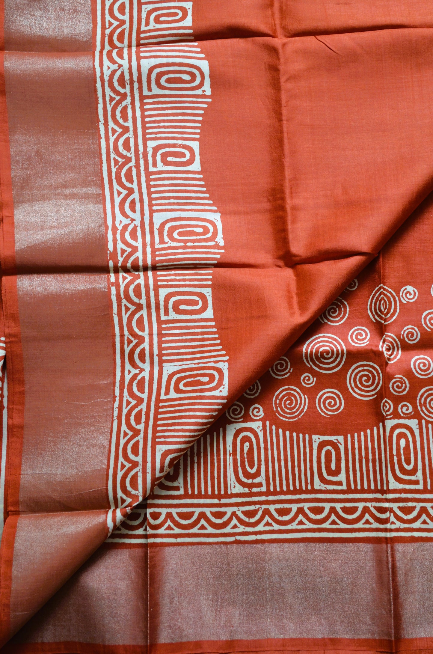 Rust Katan Pure Silk Handloom Saree with Block Prints