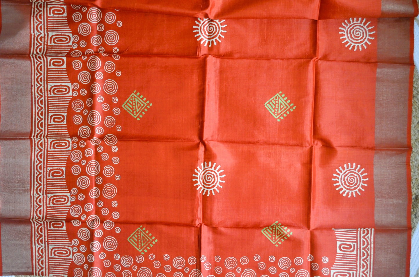 Rust Katan Pure Silk Handloom Saree with Block Prints