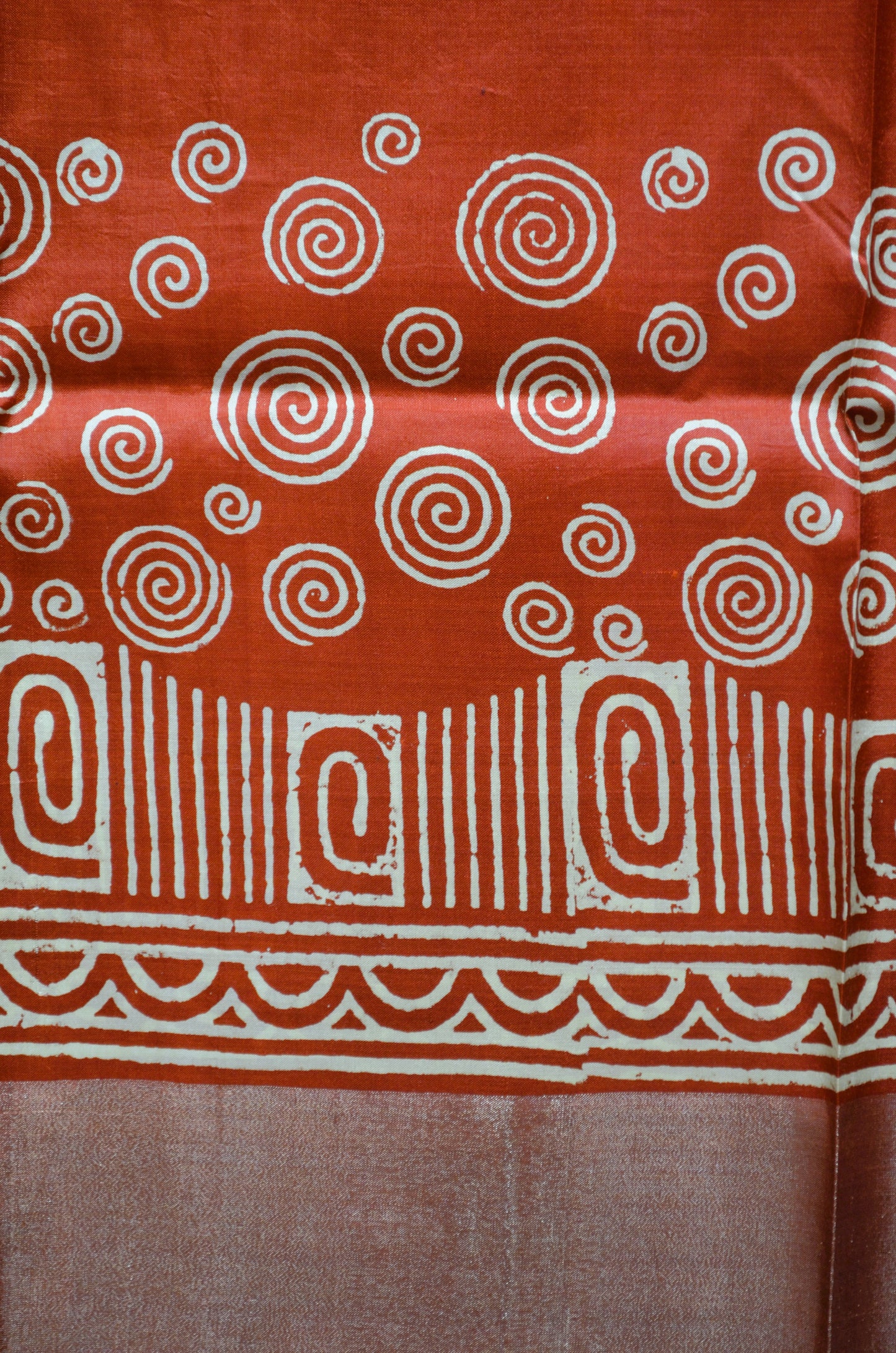 Rust Katan Pure Silk Handloom Saree with Block Prints