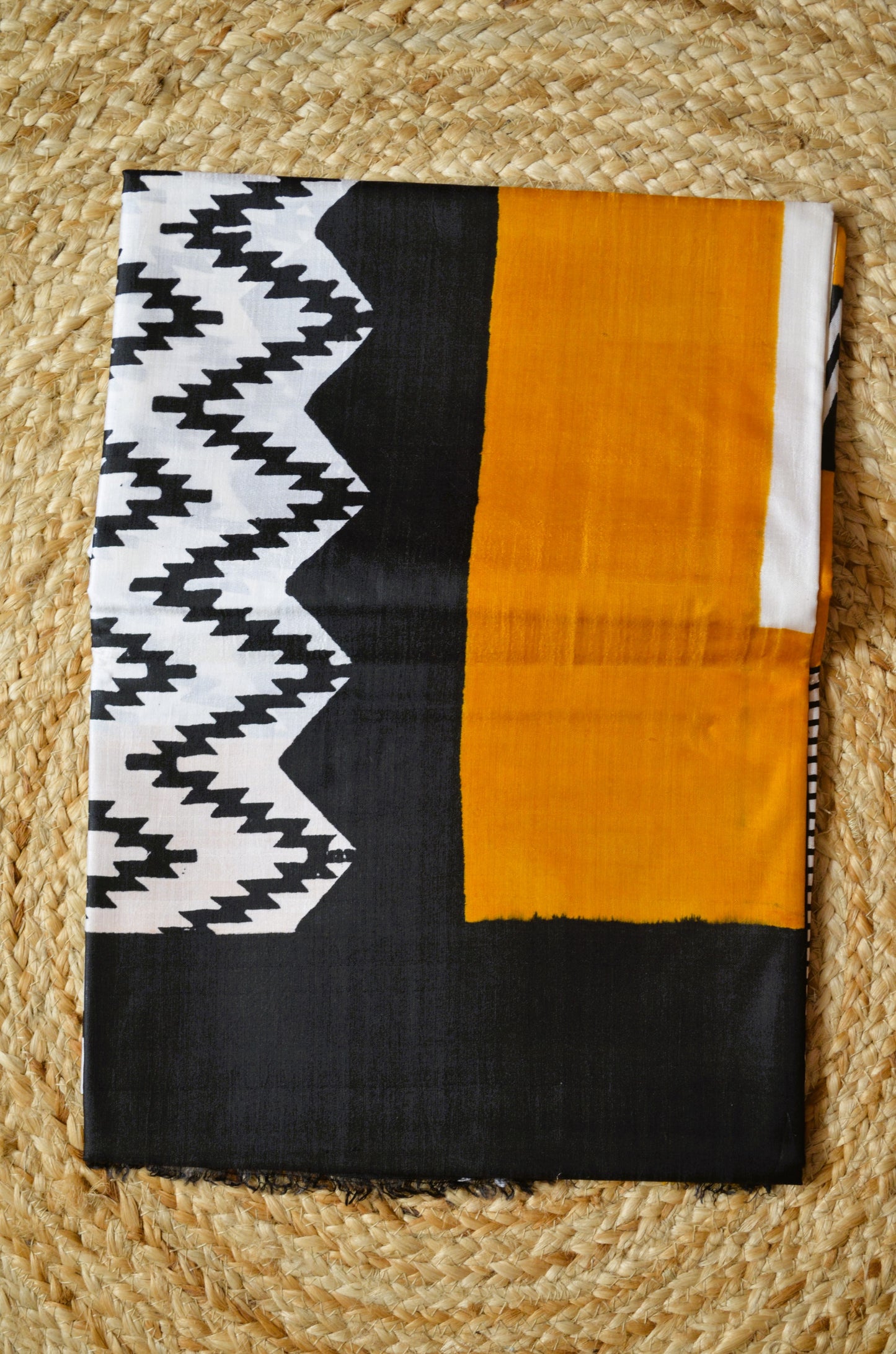 Black White Katan Pure Silk Handloom Saree with Block Prints
