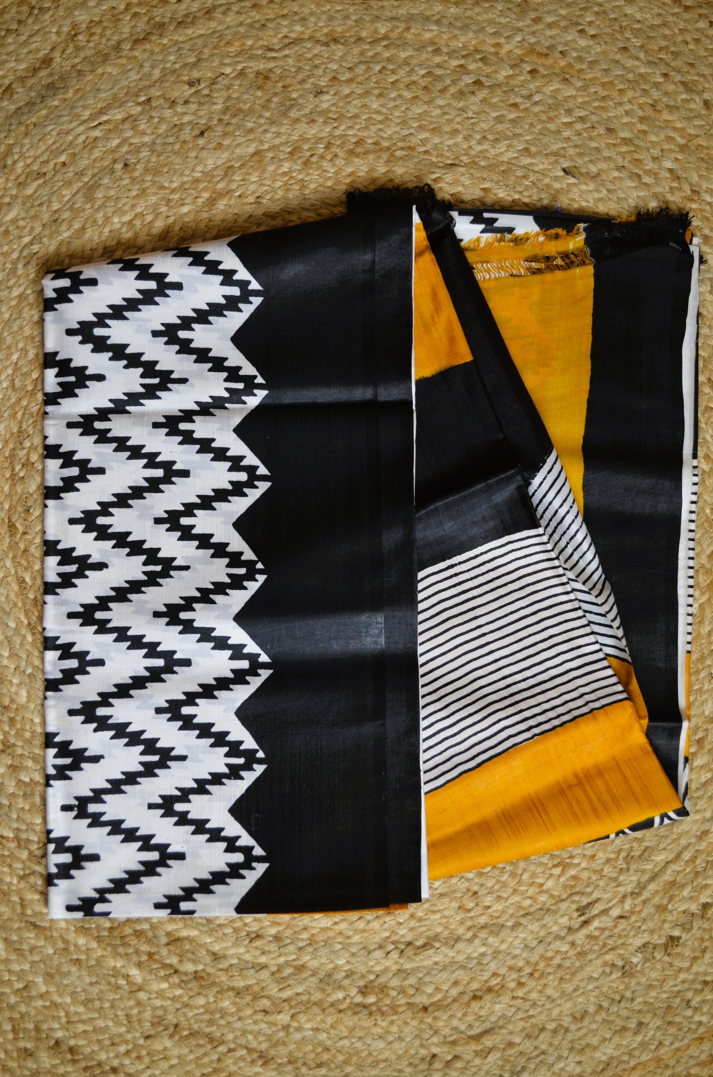 Black White Katan Pure Silk Handloom Saree with Block Prints