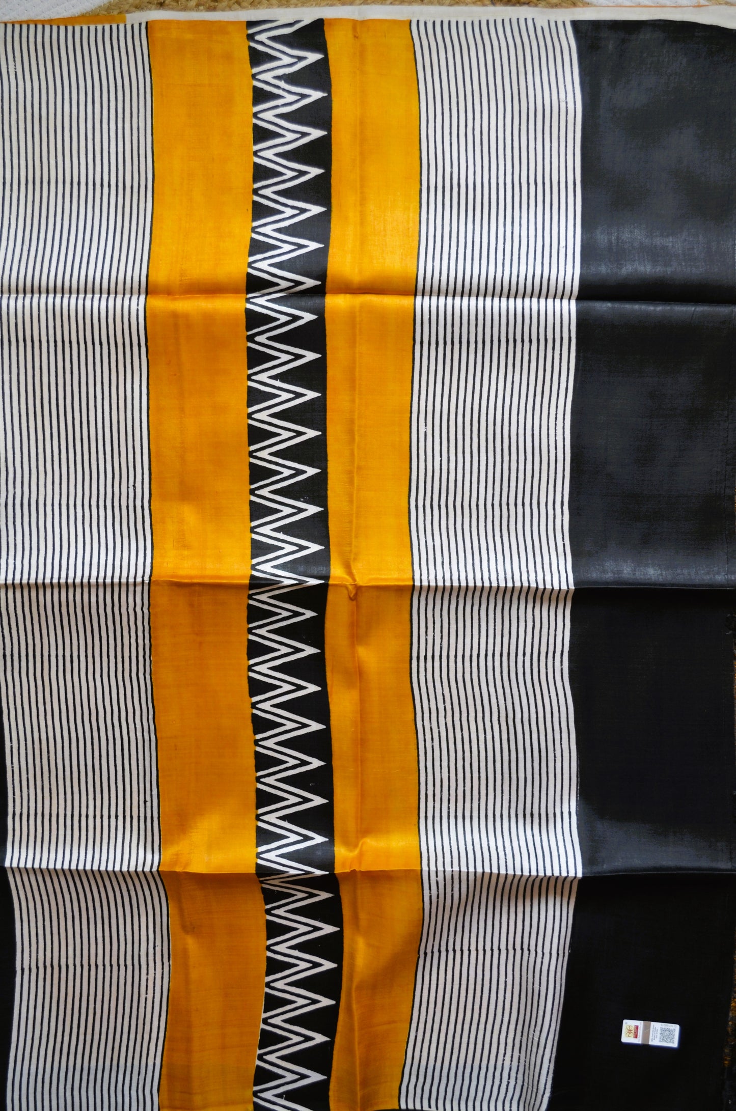 Black White Katan Pure Silk Handloom Saree with Block Prints
