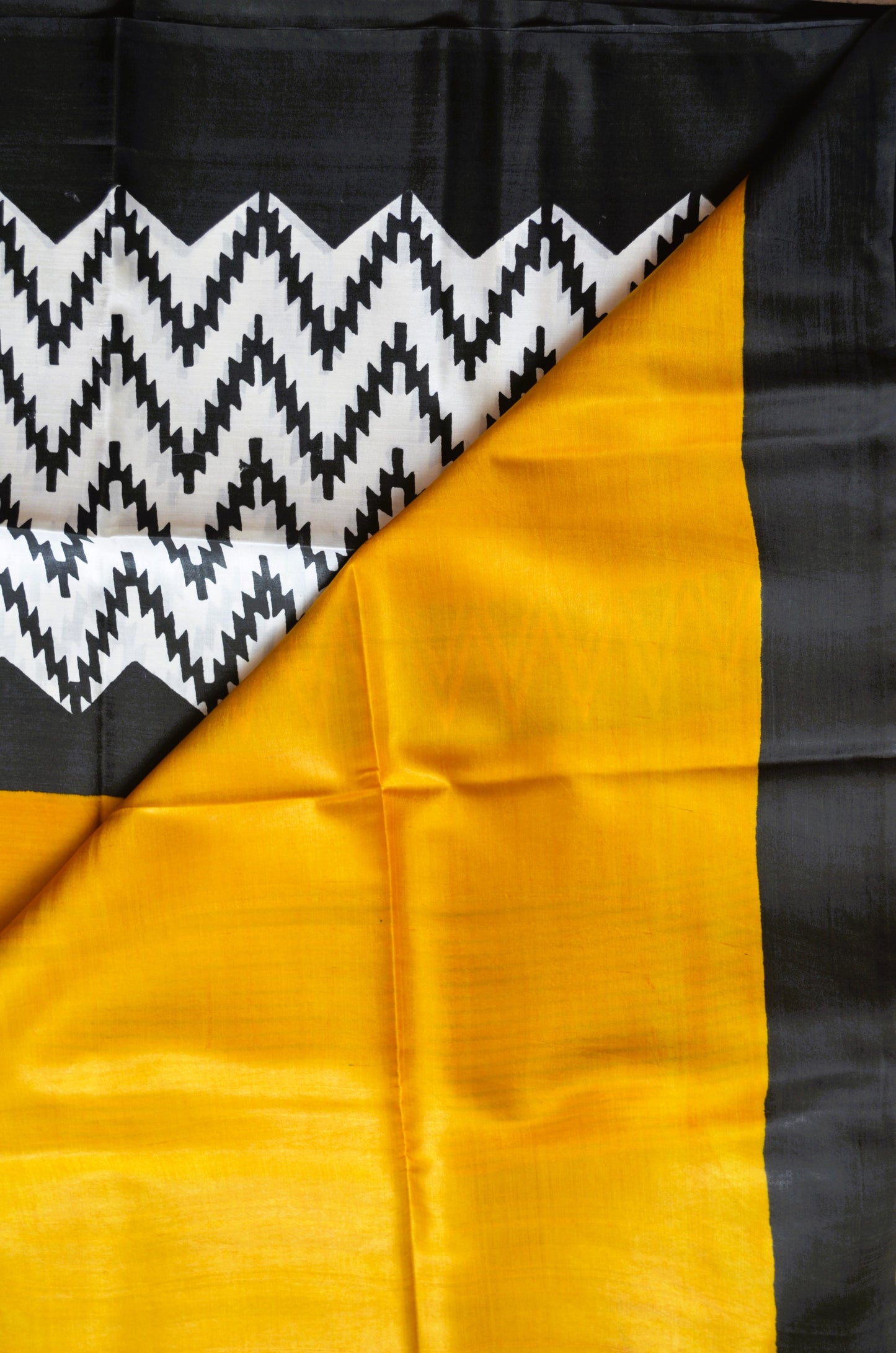 Black White Katan Pure Silk Handloom Saree with Block Prints