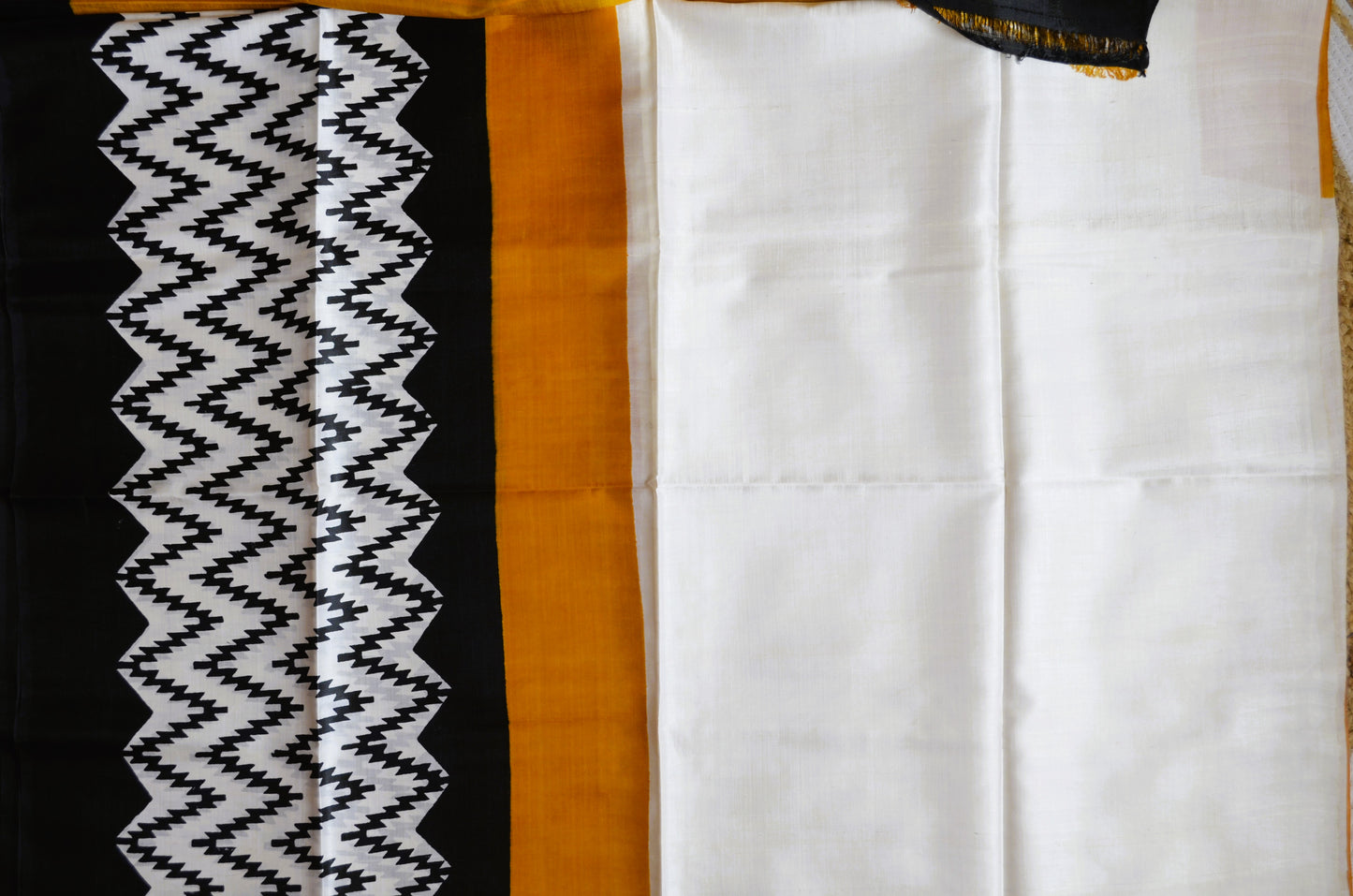 Black White Katan Pure Silk Handloom Saree with Block Prints